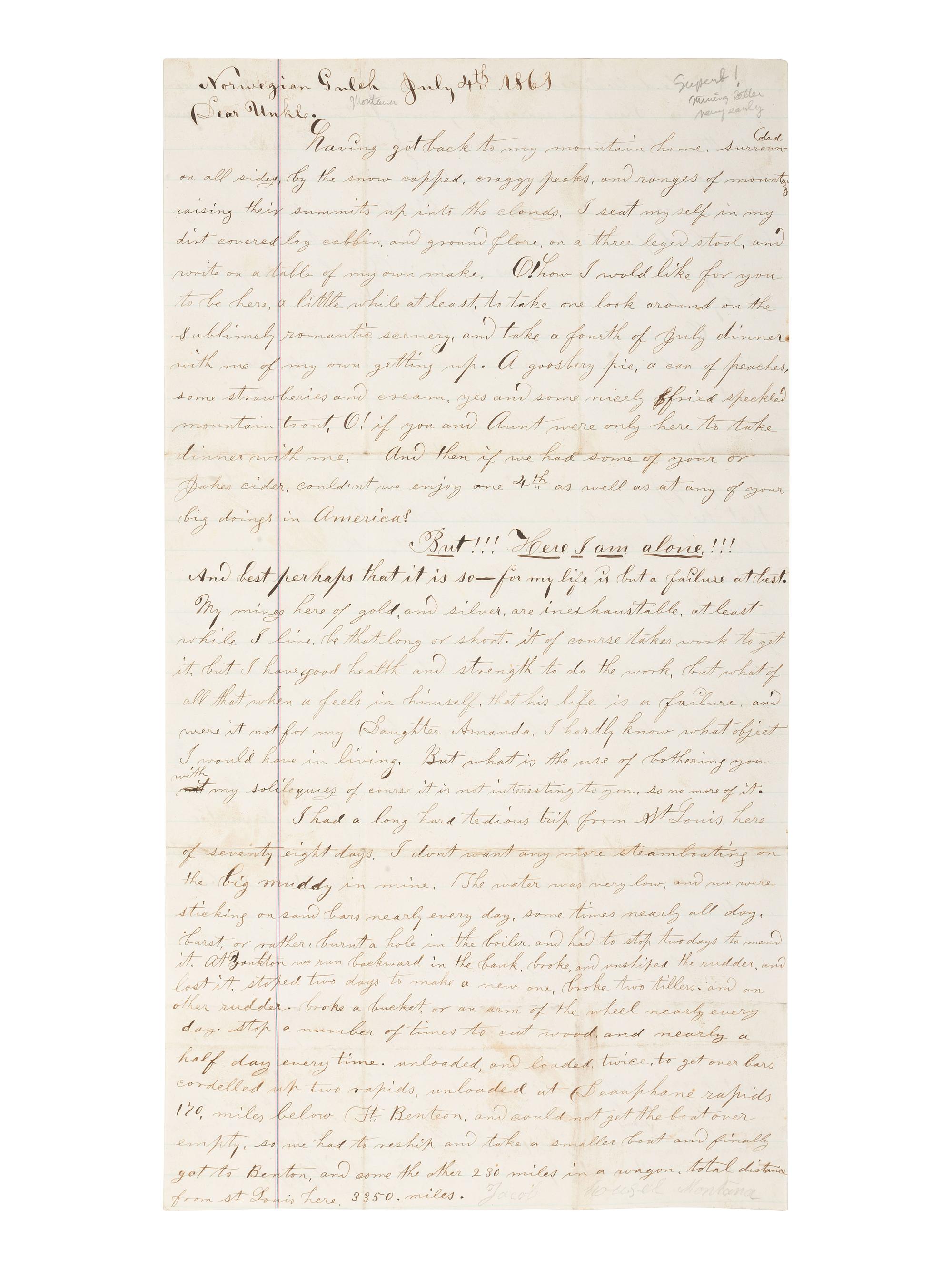 [WESTERN AMERICANA-MINING]. 2 manuscripts, incl. miner's letter from Norwegian Gulch (Montana), 1869