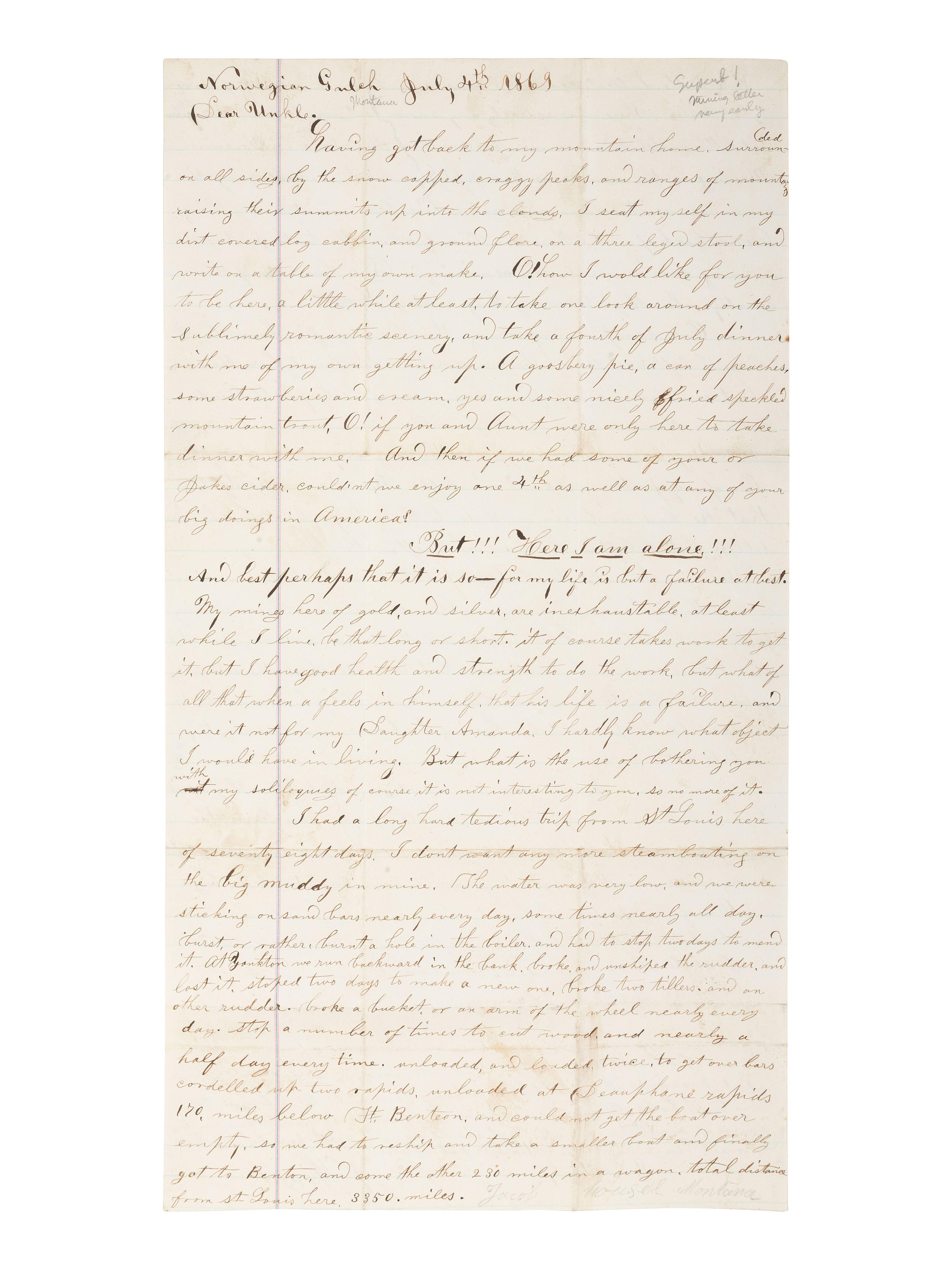 [WESTERN AMERICANA-MINING]. 2 manuscripts, incl. miner's letter from Norwegian Gulch (Montana), 1869
