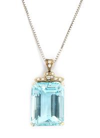 An 18 Karat White Gold, Aquamarine and Diamond Pendant Necklace, 13.70 dwts.