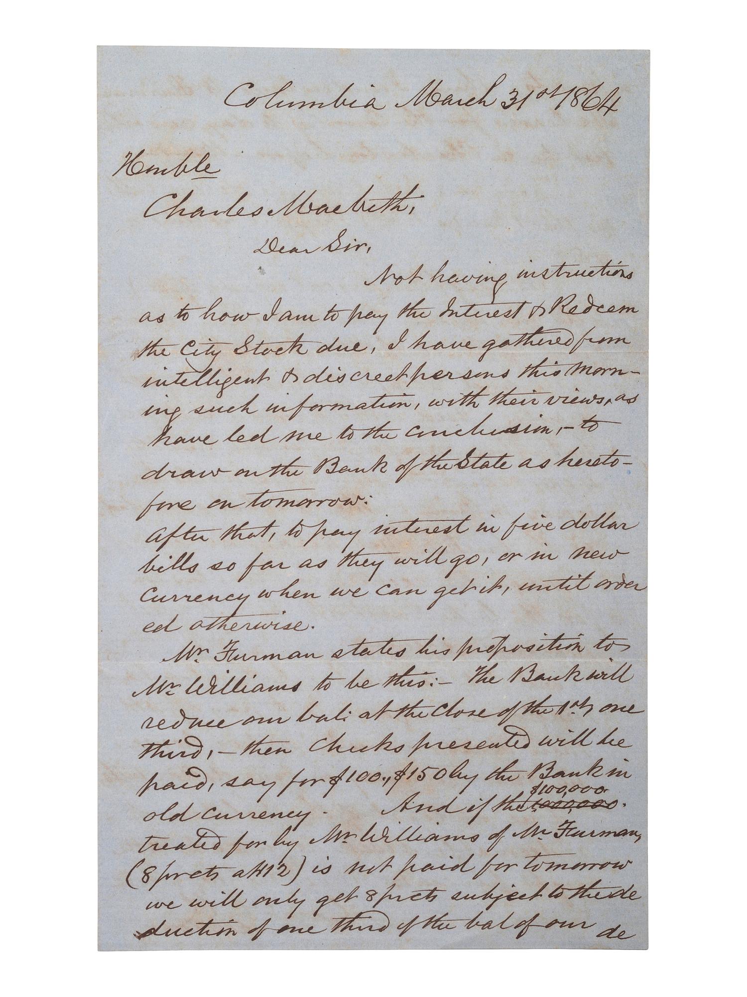 PICKENS, Governor Francis W. (1805-1869). Autograph letter signed as Governor of South Carolina.