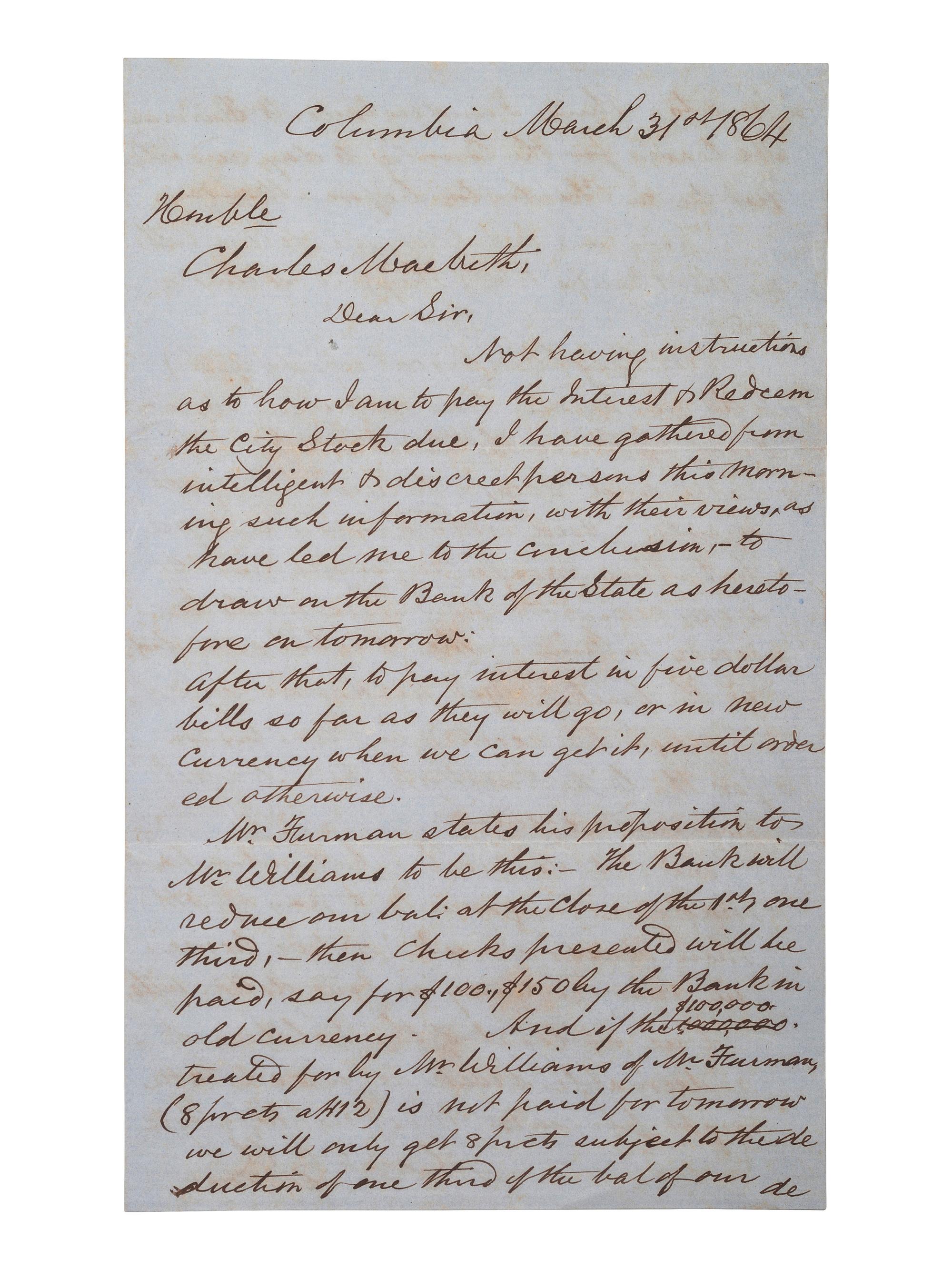 PICKENS, Governor Francis W. (1805-1869). Autograph letter signed as Governor of South Carolina.
