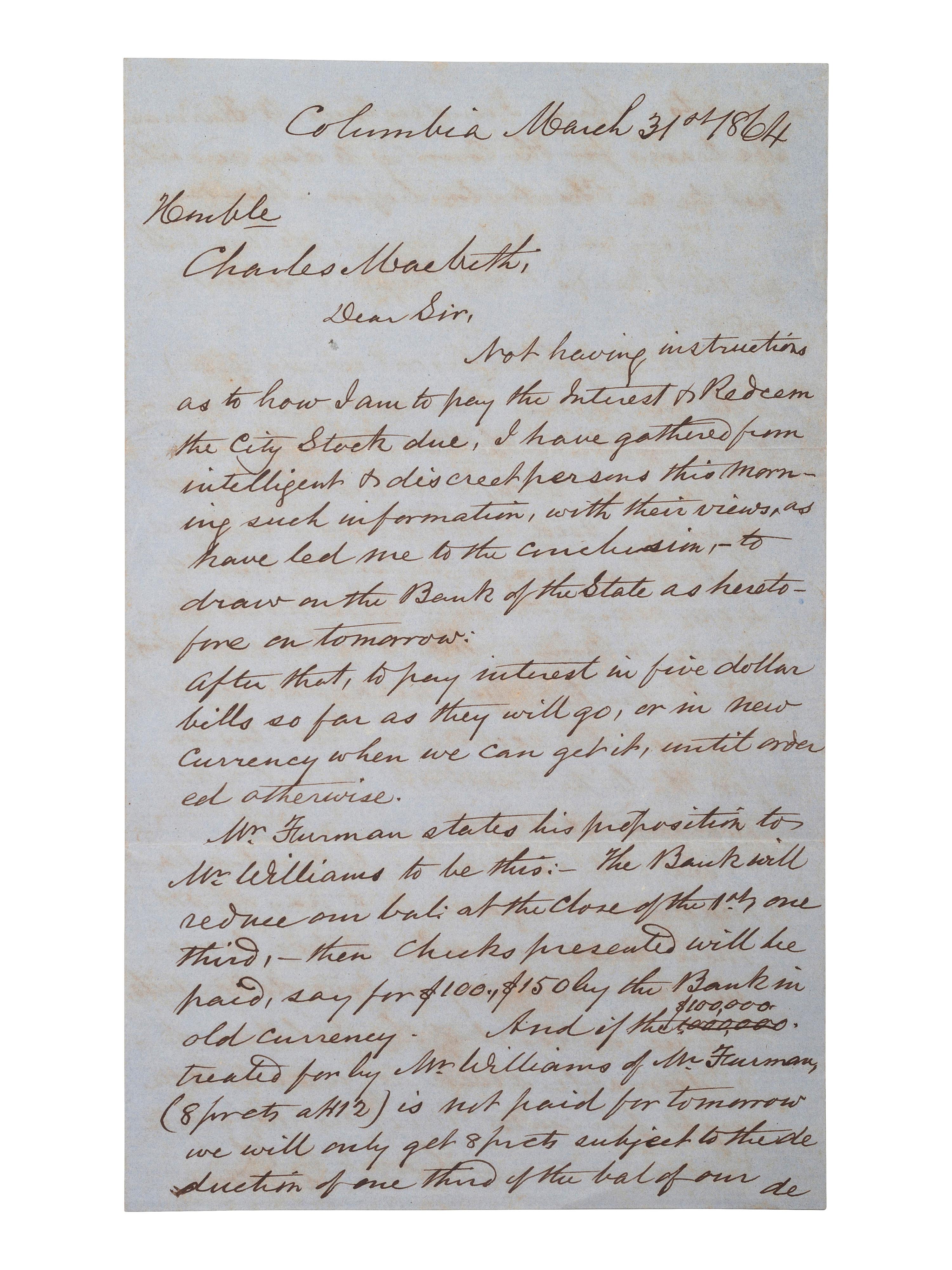 PICKENS, Governor Francis W. (1805-1869). Autograph letter signed as Governor of South Carolina.