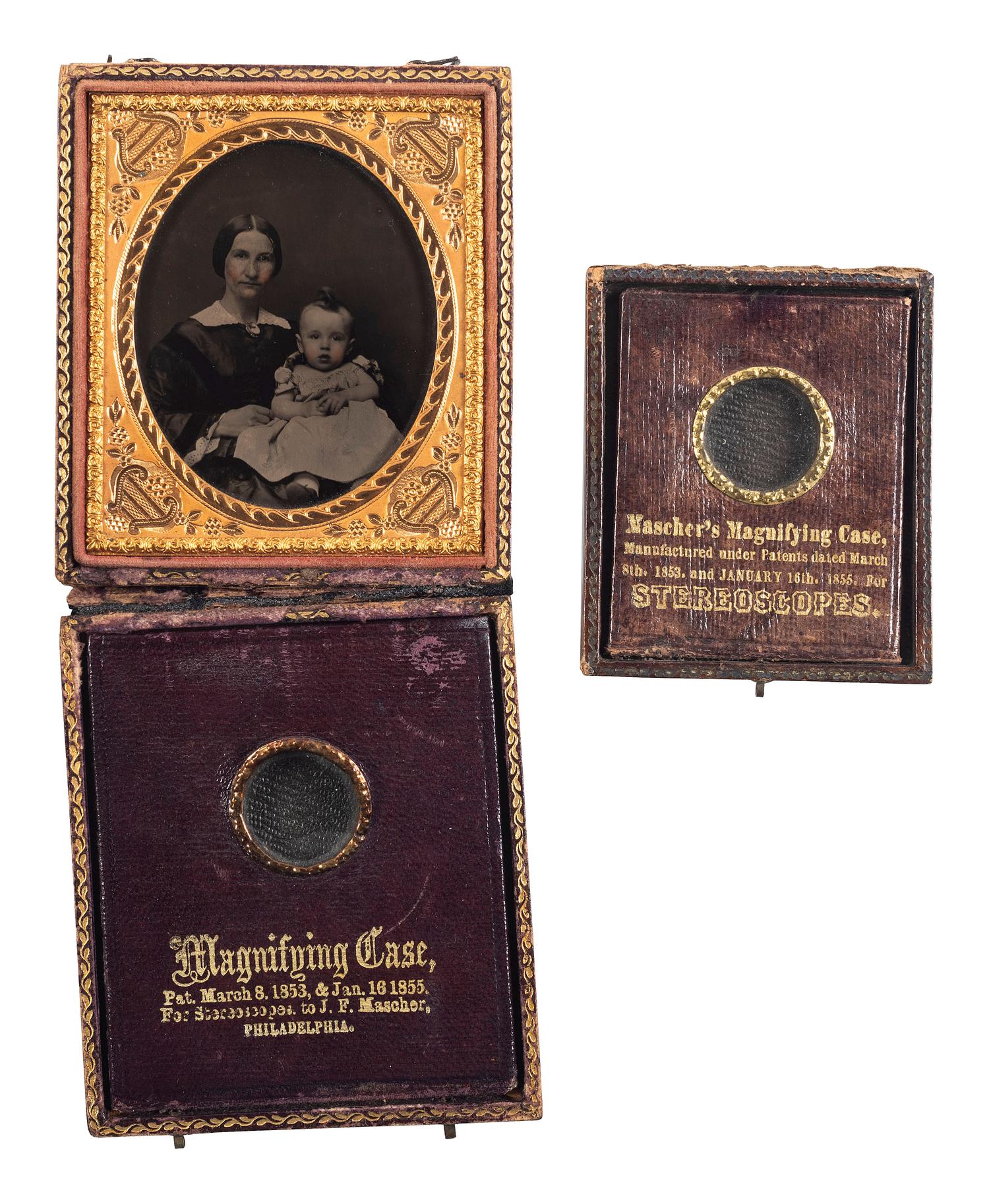 [EARLY PHOTOGRAPHY]. 3 Mascher stereoscope or magnifying cases wtih daguerreotypes and ambrotypes