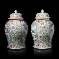 A Pair of Large Chinese Famille Rose Porcelain General Jars and Covers, Qing Dynasty — 清 粉彩開光人物故事圖將軍罐一對