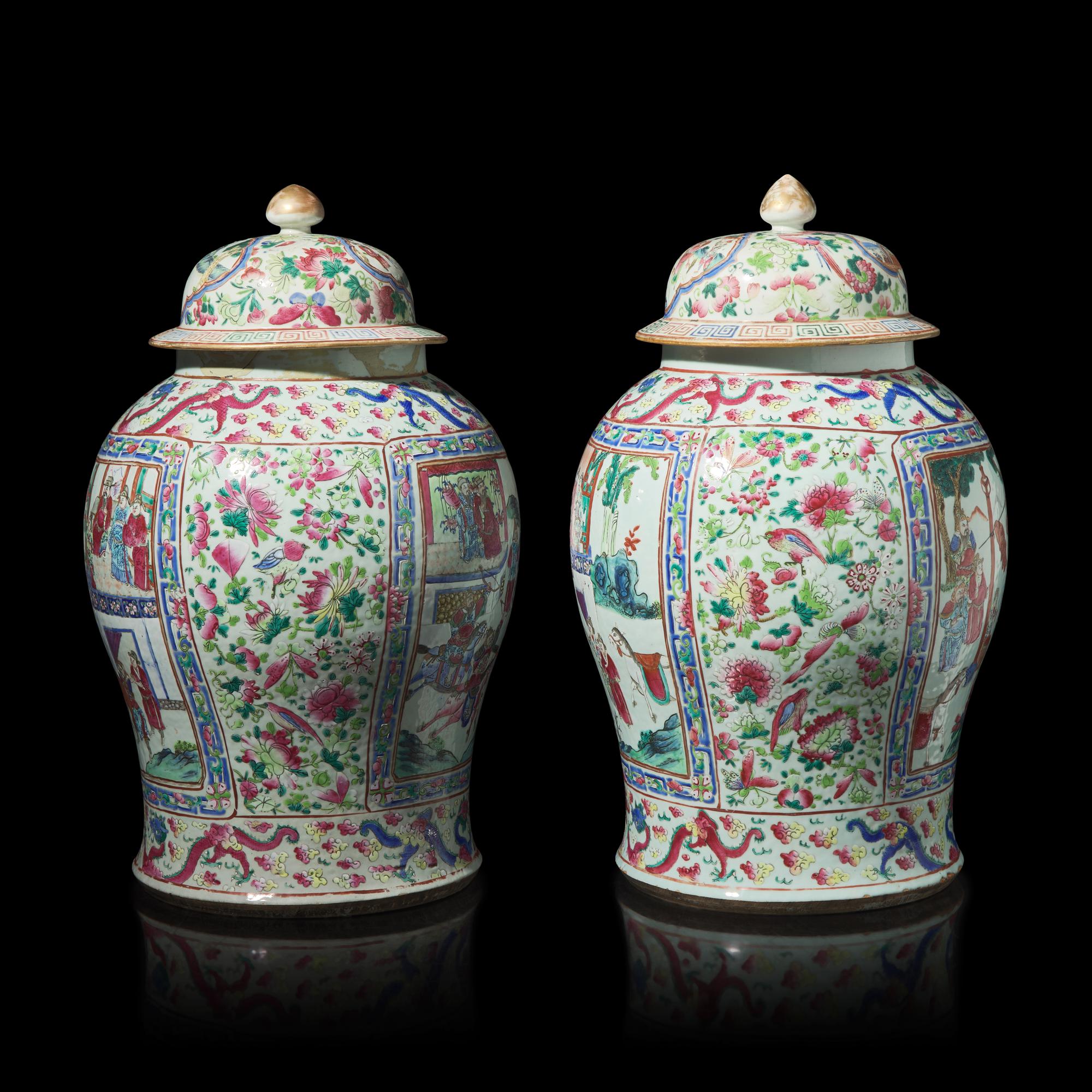A Pair of Large Chinese Famille Rose Porcelain General Jars and Covers, Qing Dynasty — 清 粉彩開光人物故事圖將軍罐一對