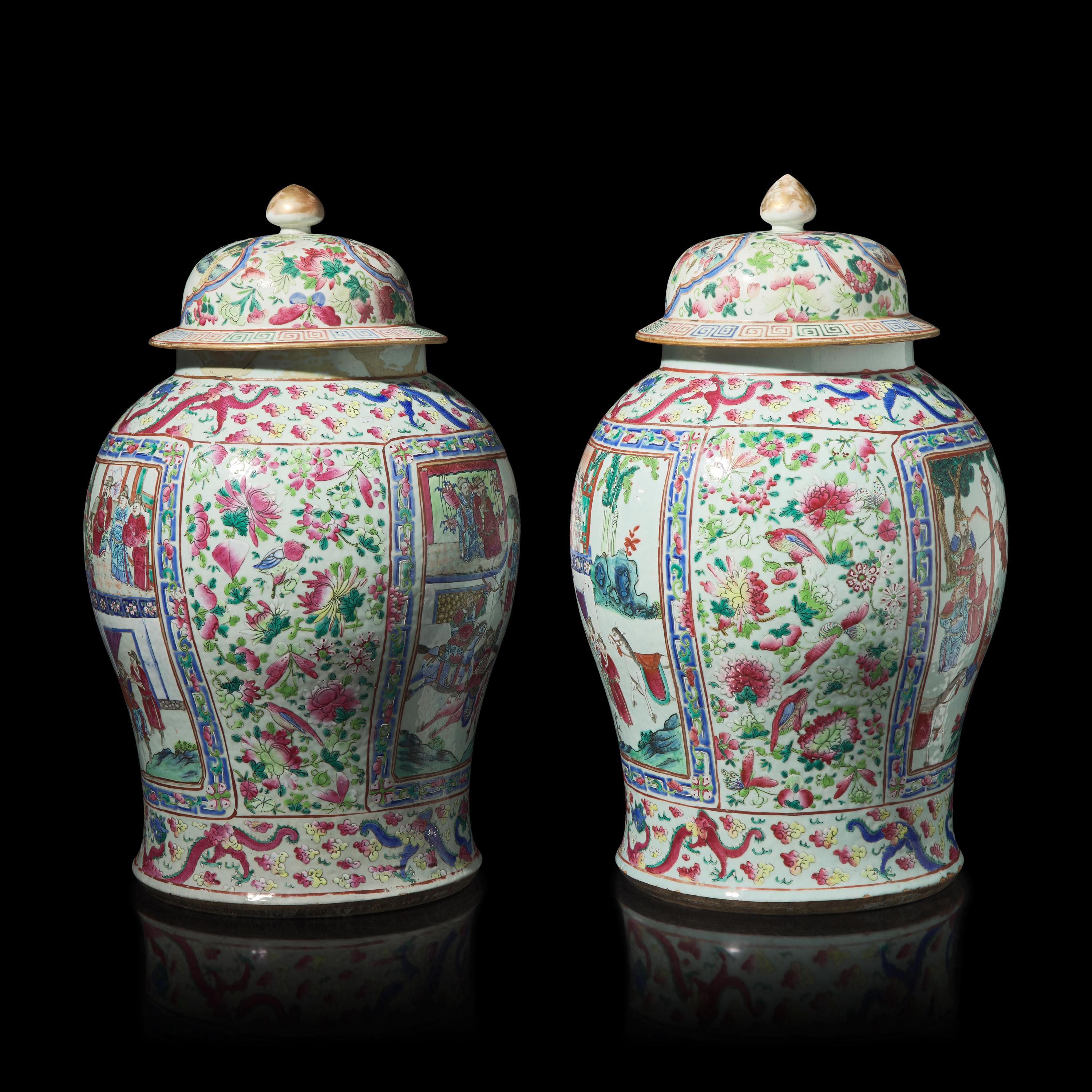 A Pair of Large Chinese Famille Rose Porcelain General Jars and Covers, Qing Dynasty — 清 粉彩開光人物故事圖將軍罐一對