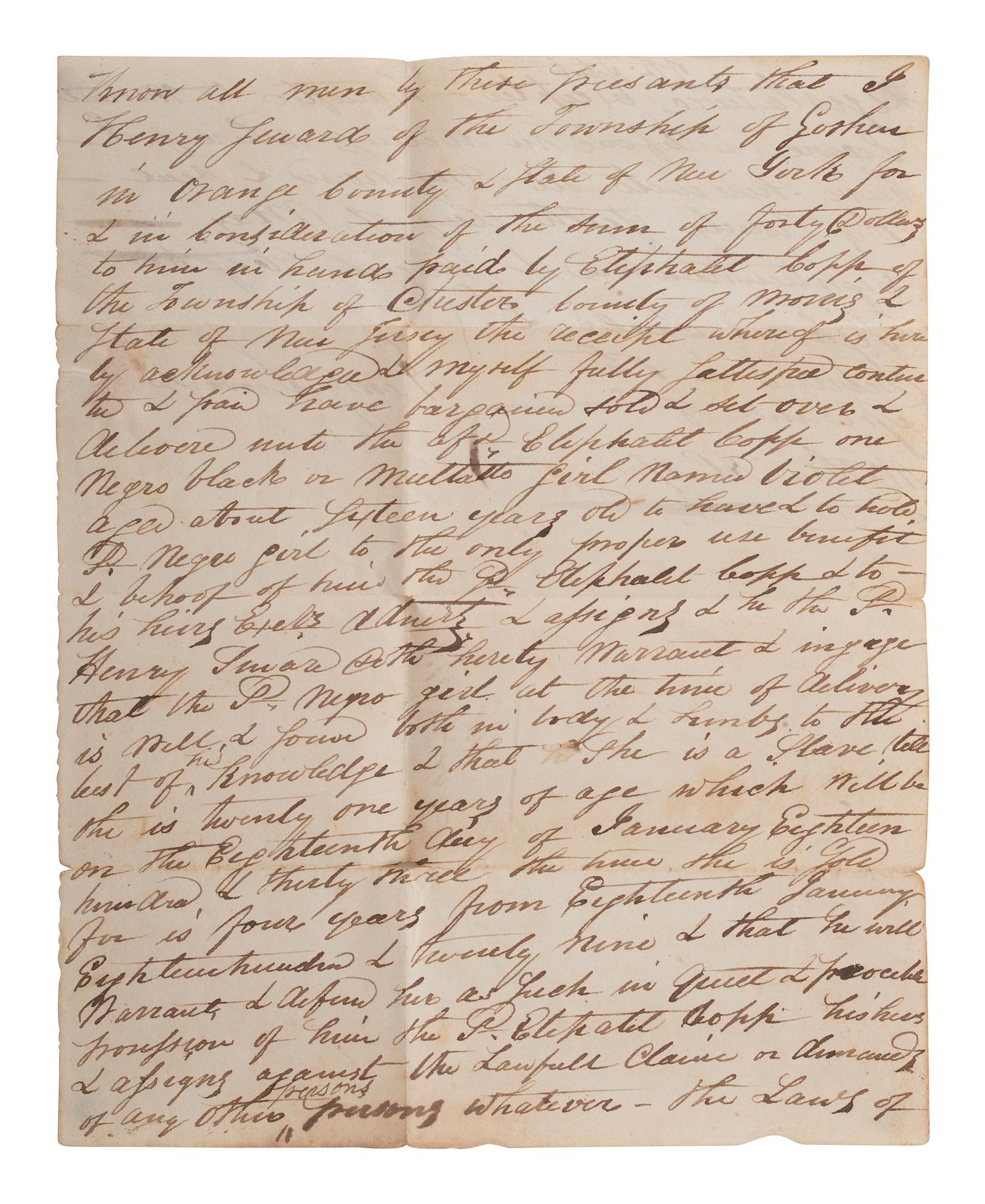 [SLAVERY & ABOLITION]. Manuscript bill of sale for an enslaved girl named Violet. [New York or New Jersey?], 6 May 1828.
