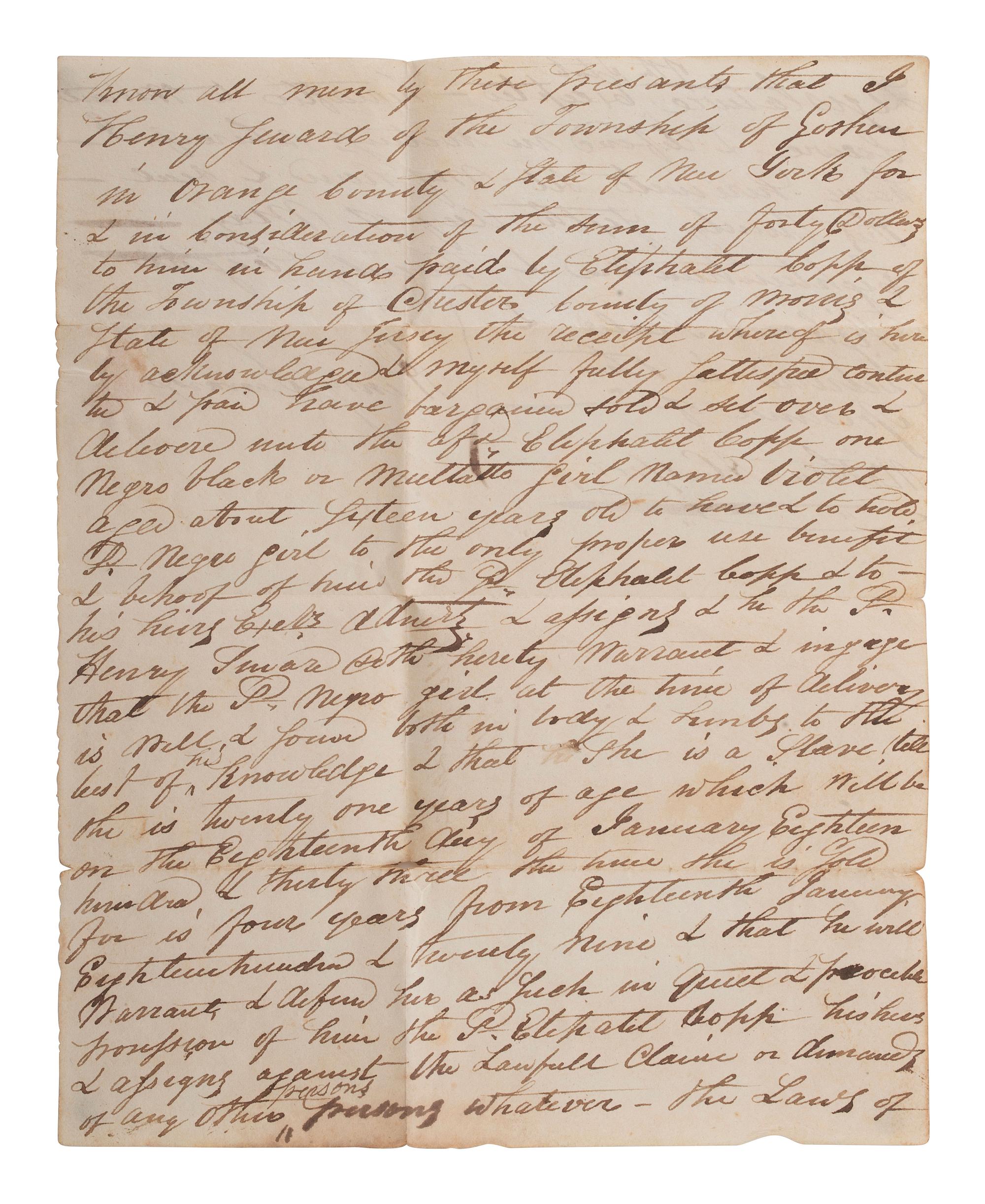 [SLAVERY & ABOLITION]. Manuscript bill of sale for an enslaved girl named Violet. [New York or New Jersey?], 6 May 1828.