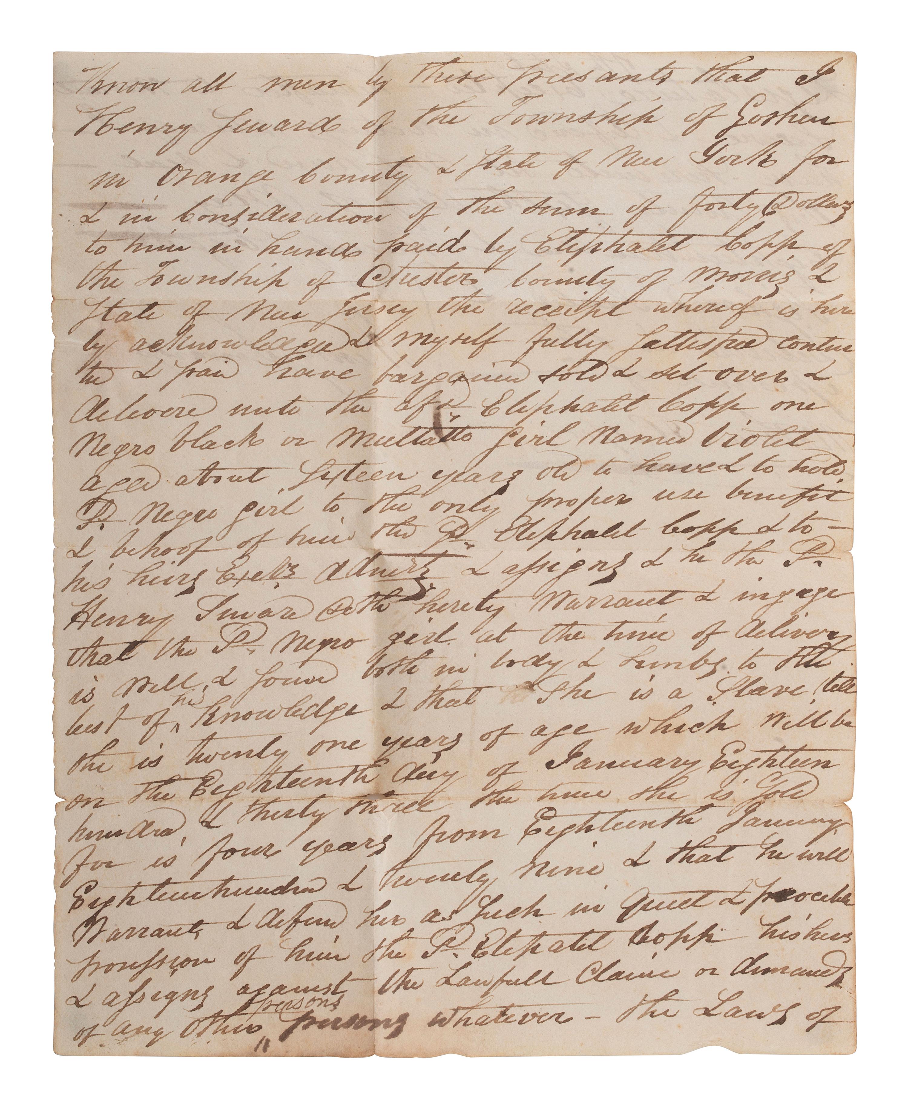 [SLAVERY & ABOLITION]. Manuscript bill of sale for an enslaved girl named Violet. [New York or New Jersey?], 6 May 1828.