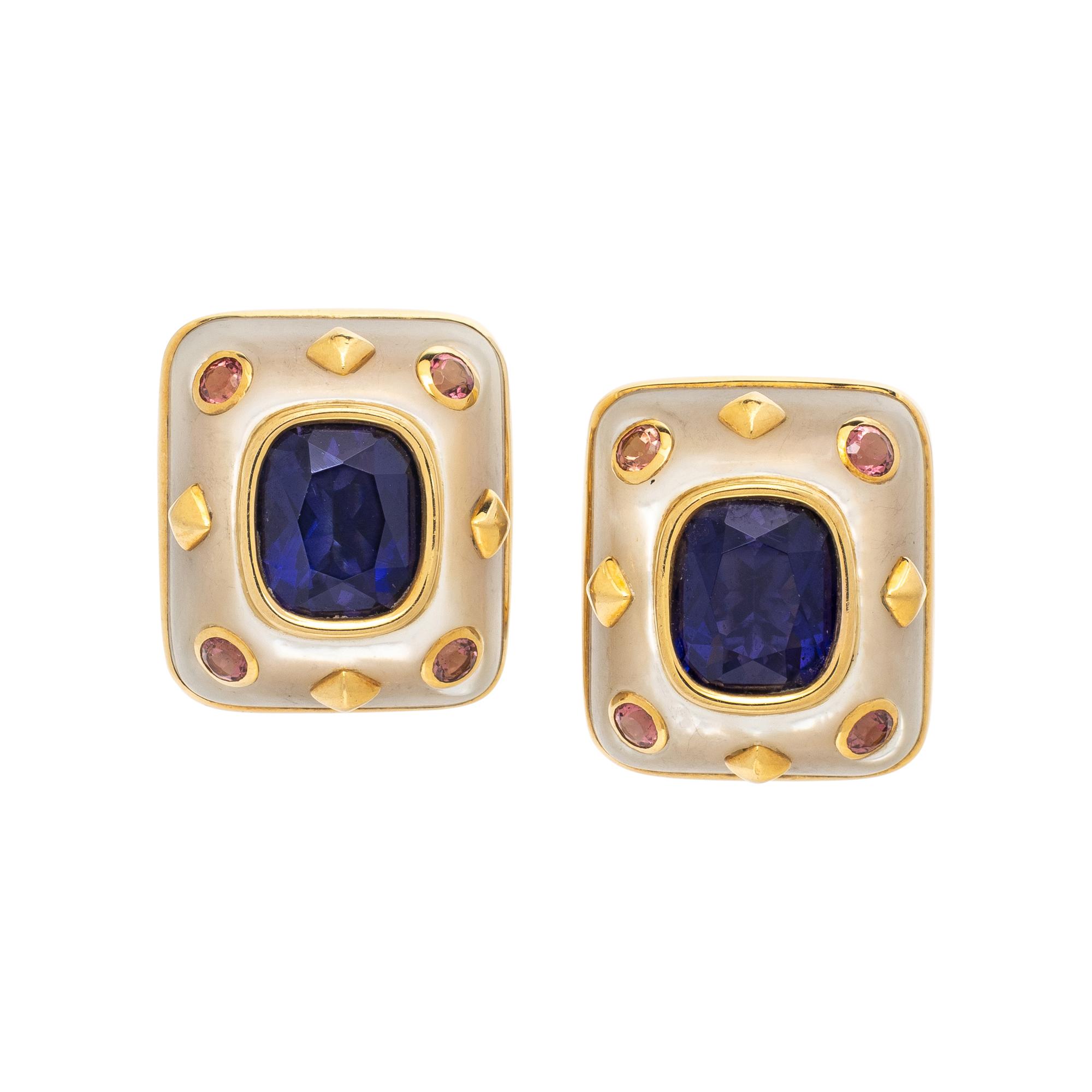 TRIANON, IOLITE, PINK TOURMALINE, AND CHALCEDONY EARRINGS