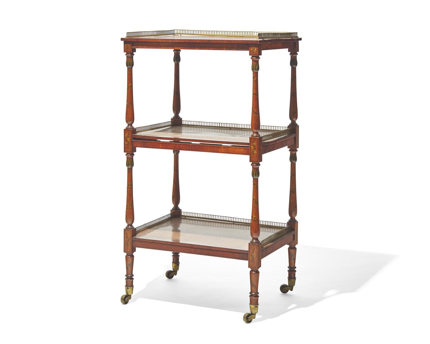 A Regency inlaid and paint-decorated satinwood étagère, circa 1810