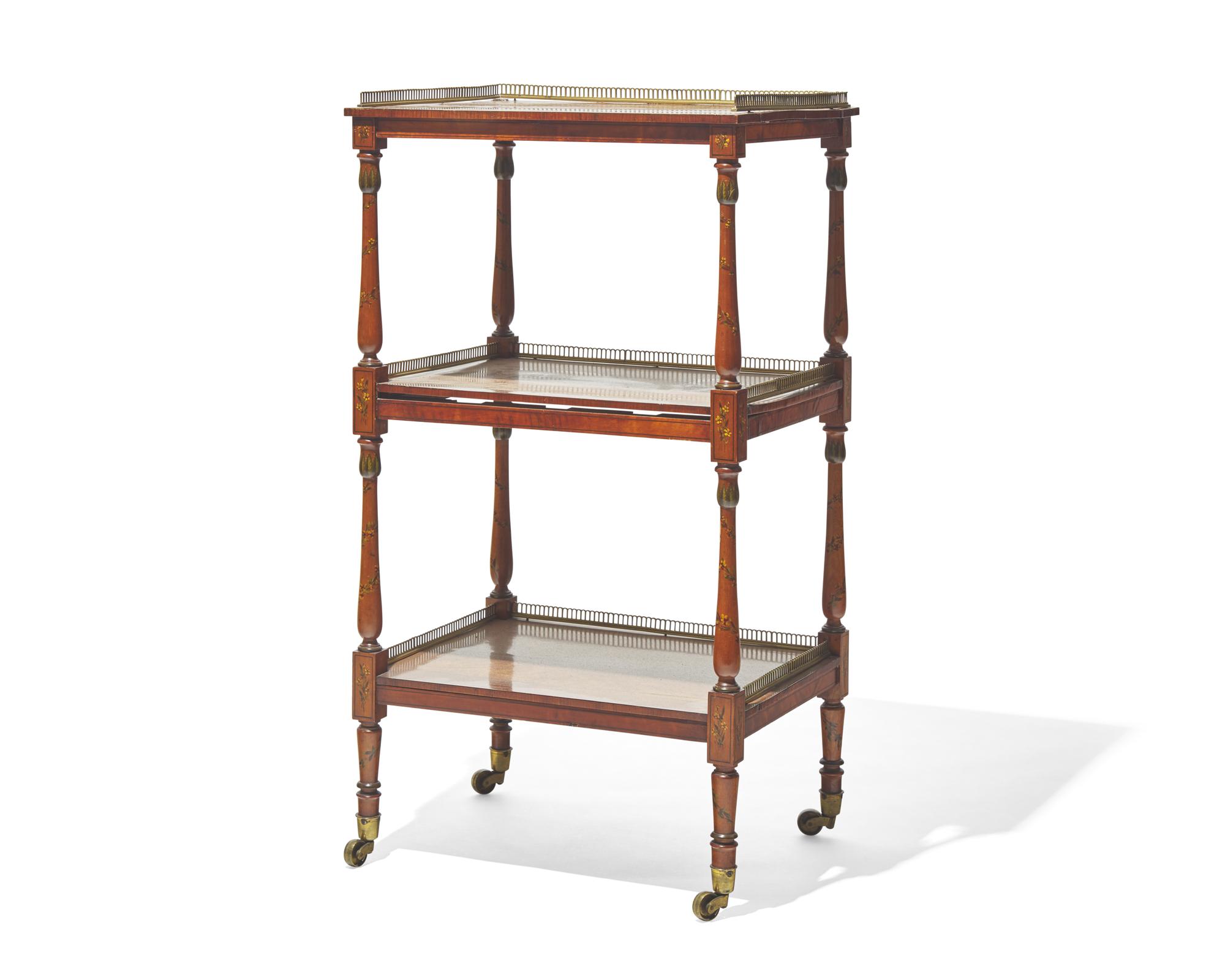 A Regency inlaid and paint-decorated satinwood étagère, circa 1810