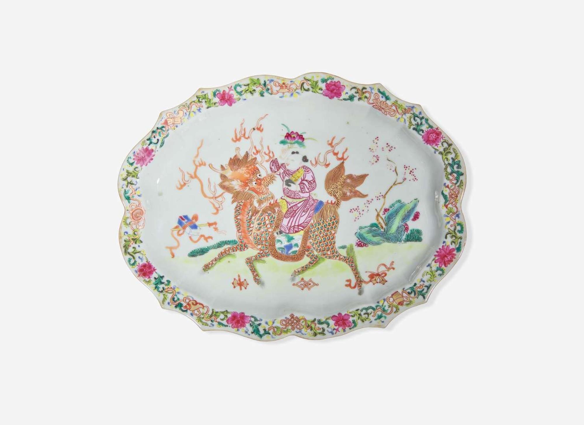 An unusual pair of Chinese export famille rose lobed "Qilin" trays, 18th century 粉彩出口瓷麒麟盤一對 十八世紀