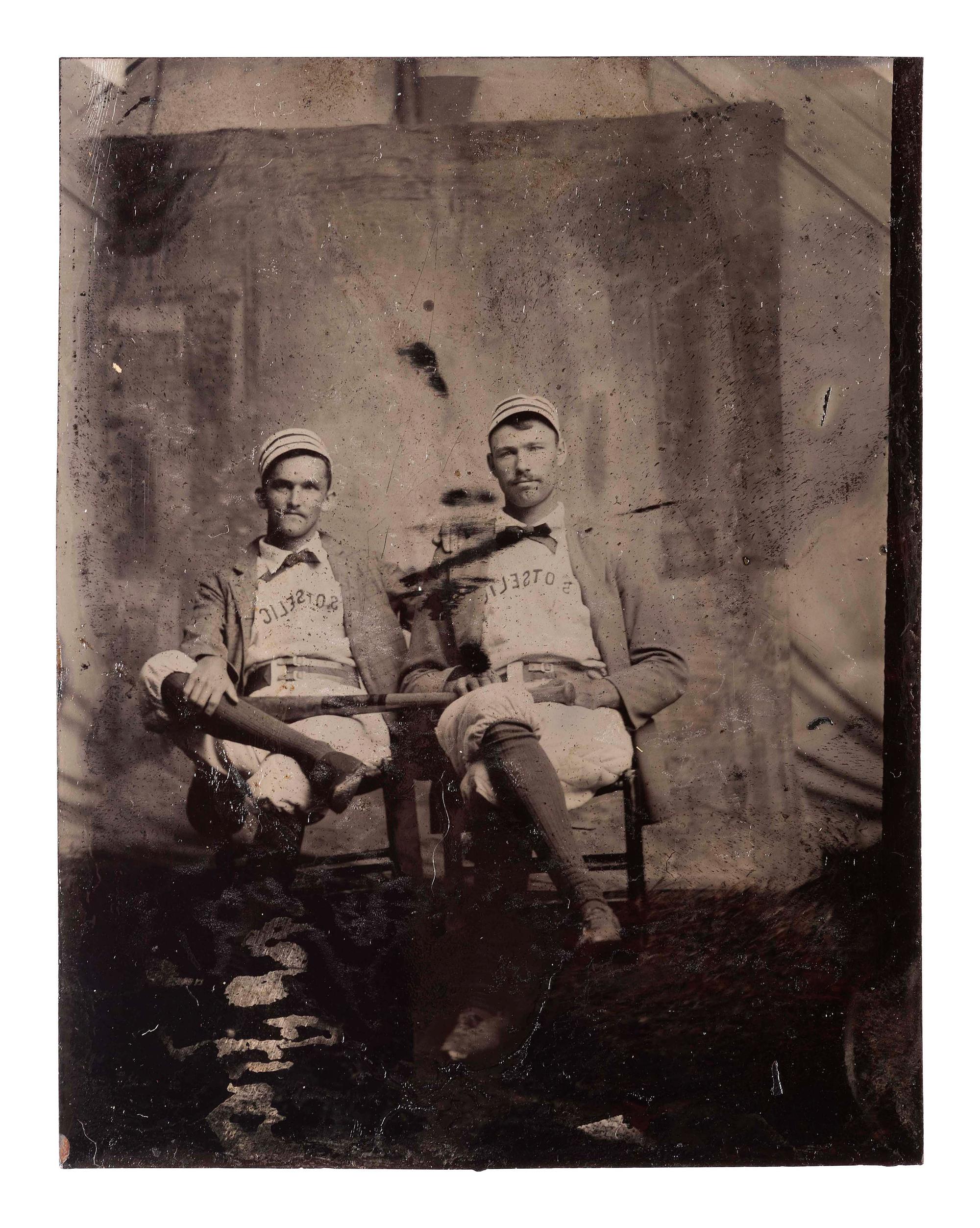 [EARLY PHOTOGRAPHY - SPORTS]. Sixth plate tintype of two South Otselic, NY baseball players posed with bat, with other portraiture, including: