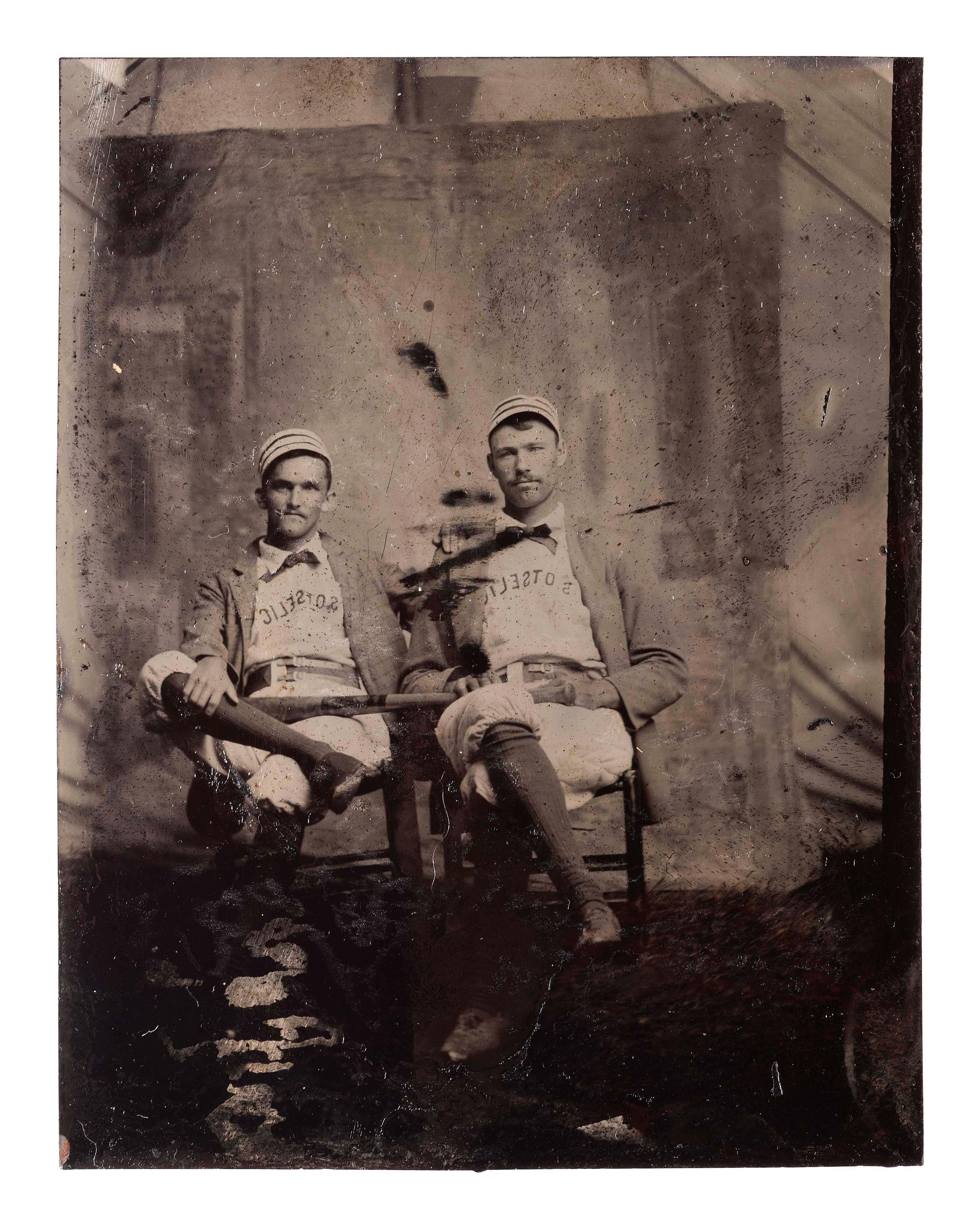 [EARLY PHOTOGRAPHY - SPORTS]. Sixth plate tintype of two South Otselic, NY baseball players posed with bat, with other portraiture, including: