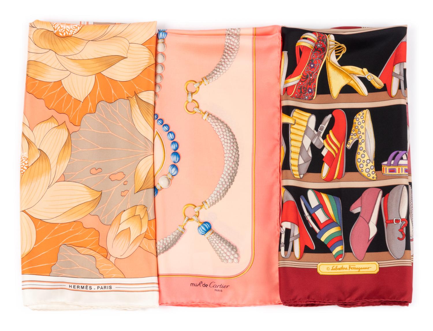 Three Designer Scarves; One Hermès, One Ferragamo, One Cartier, 1980-2000s