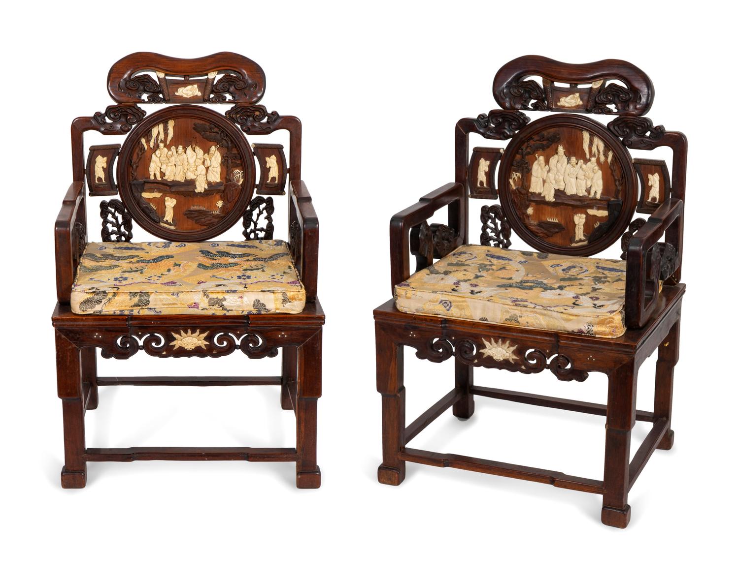 A Pair of Chinese Silver and Bone Inlaid Hardwood Armchairs — 19TH/20TH CENTURY
