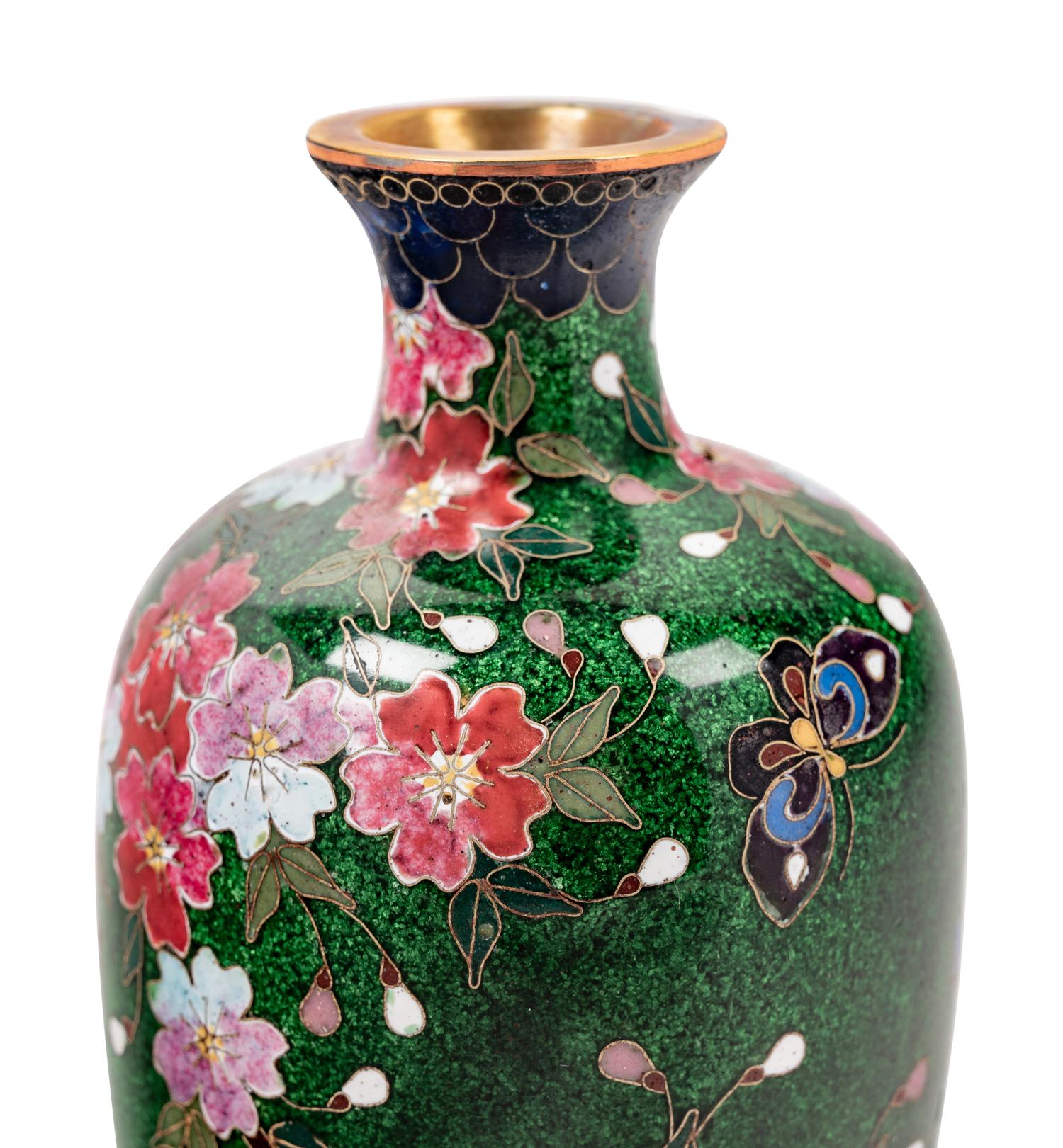 Five Japanese Green Ground Cloisonné Enamel and Embossed Foil 'Ginbari' Vases