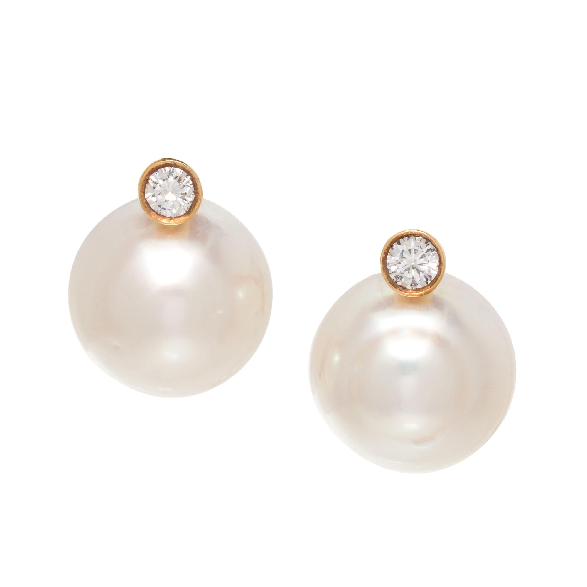 CULTURED SOUTH SEA PEARL AND DIAMOND EARCLIPS