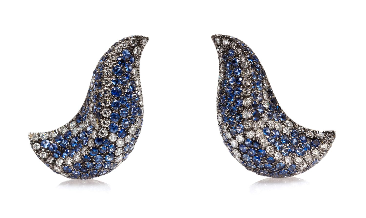 A Pair of 18 Karat White Gold, Sapphire and Diamond Earclips, 20.60 dwts.