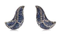 A Pair of 18 Karat White Gold, Sapphire and Diamond Earclips, 20.60 dwts.