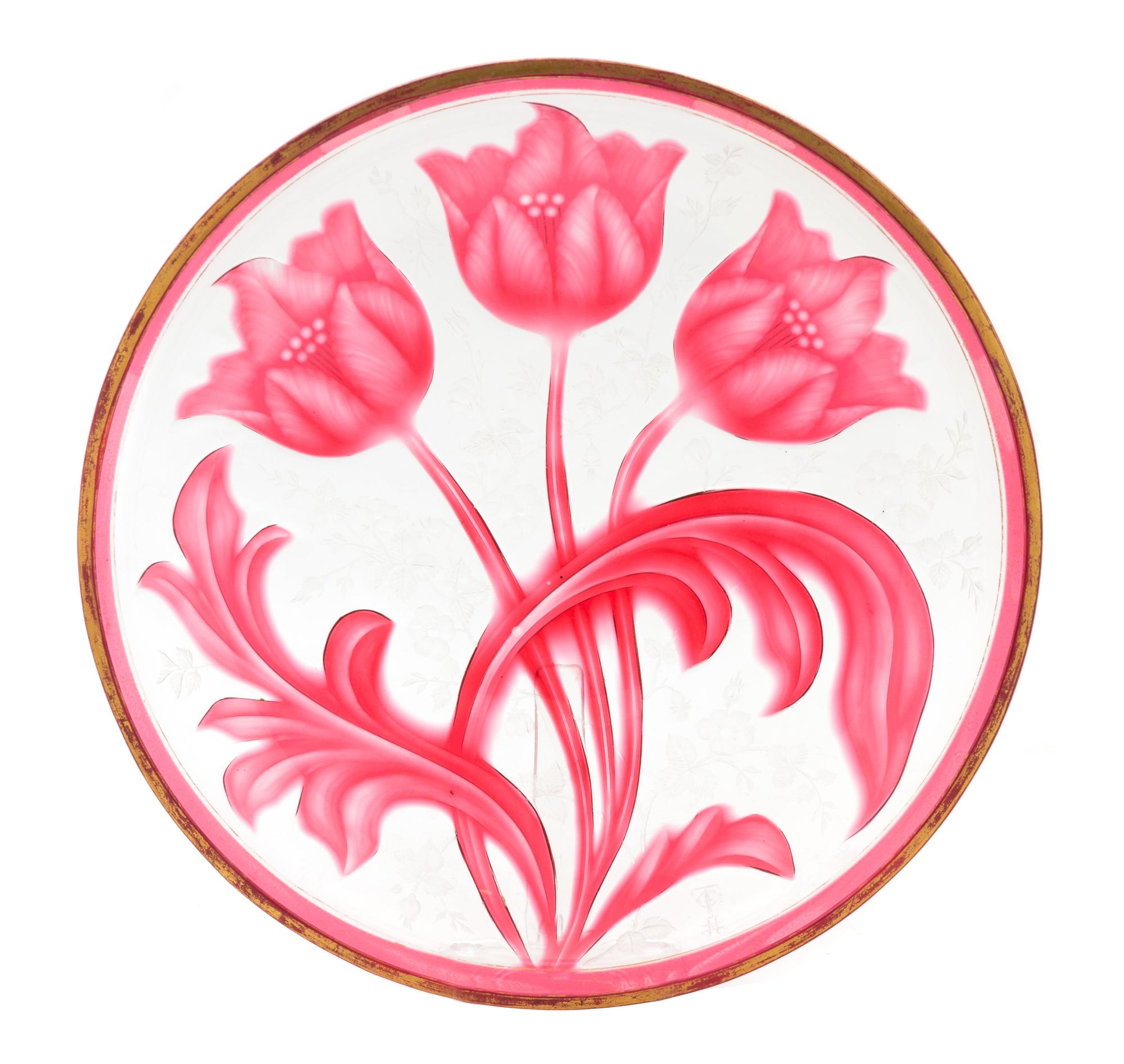 A Bohemian Carved and Colored Glass Plate Diameter 9 5/8 inches. — MANNER OF J&L LOBMEYR