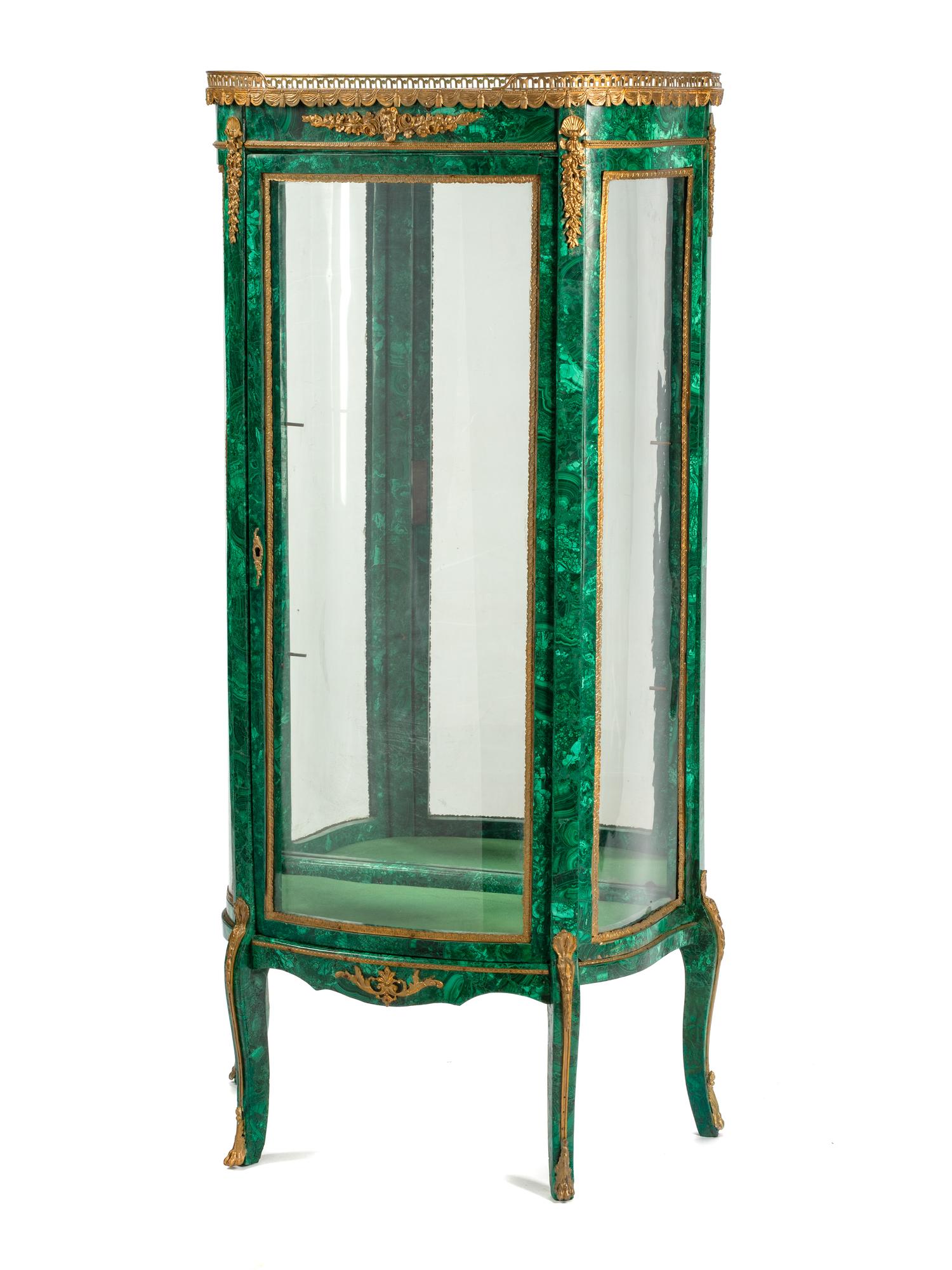 A Louis XV/XVI Transitional Style Gilt Bronze Mounted Malachite Vitrine Cabinet