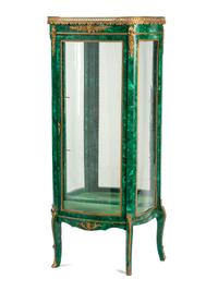 A Louis XV/XVI Transitional Style Gilt Bronze Mounted Malachite Vitrine Cabinet