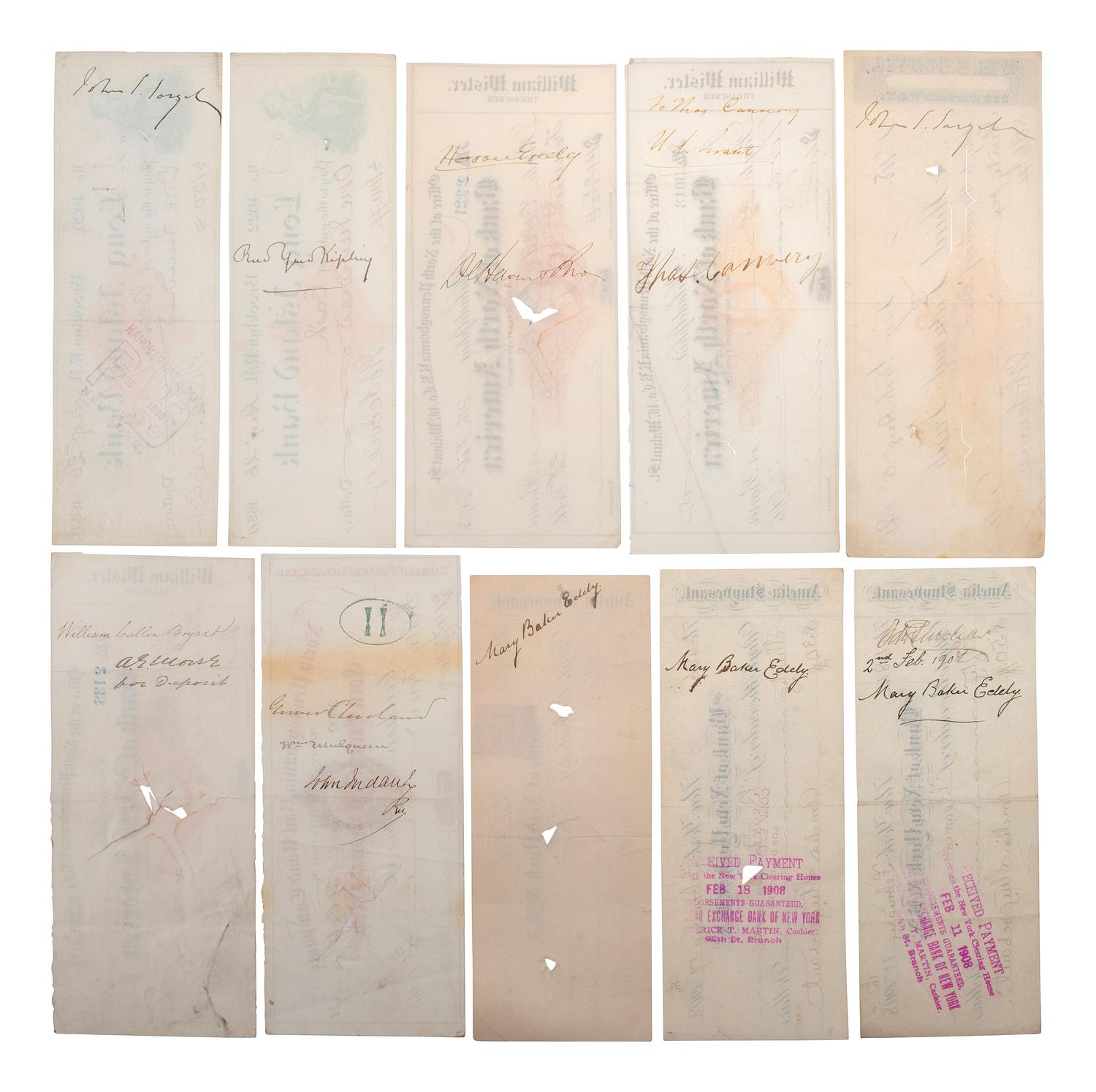 [AUTOGRAPHS]. Checks signed by artistic, literary, & political persons incl. KIPLING and GREELEY.