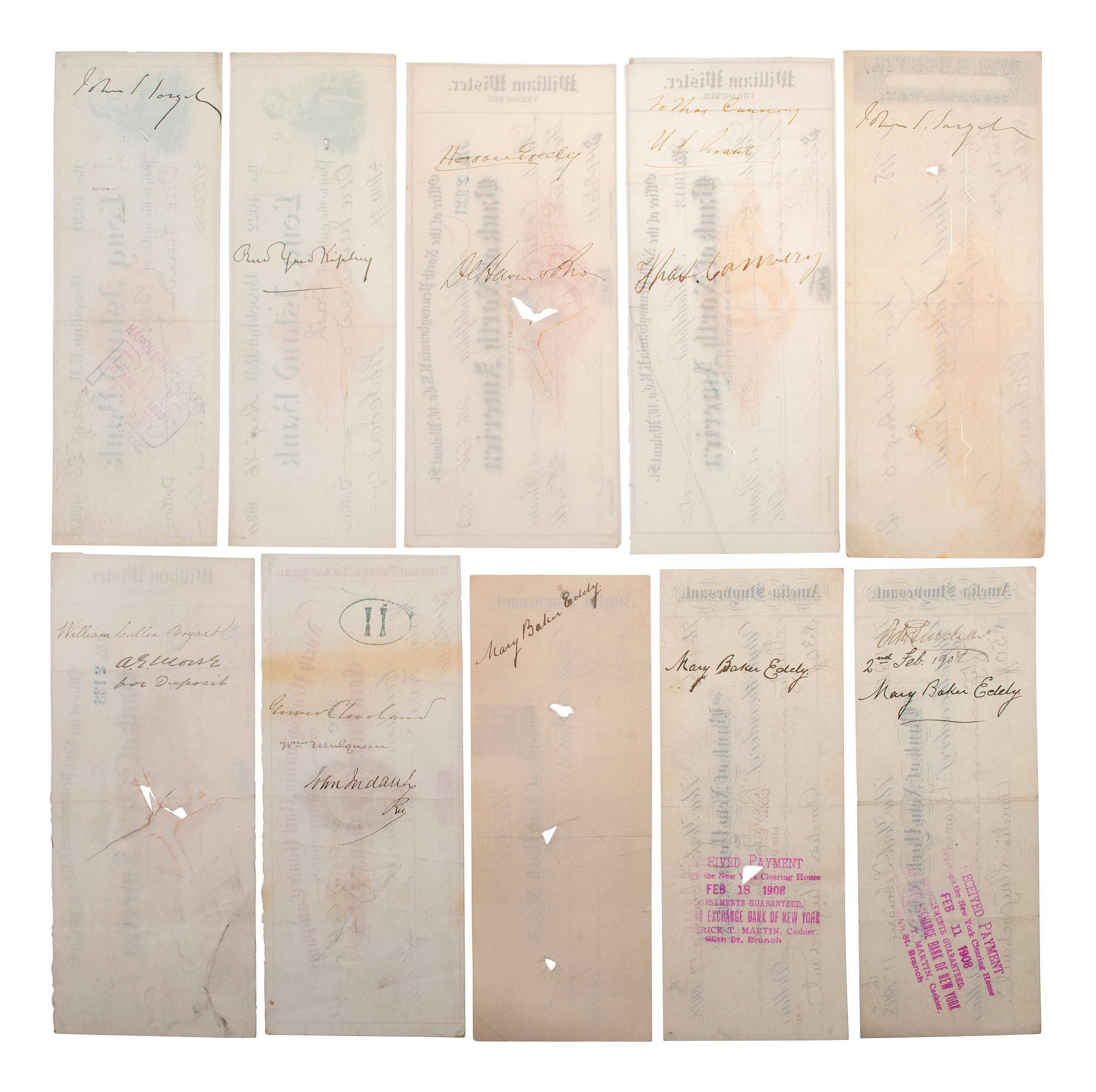 [AUTOGRAPHS]. Checks signed by artistic, literary, & political persons incl. KIPLING and GREELEY.