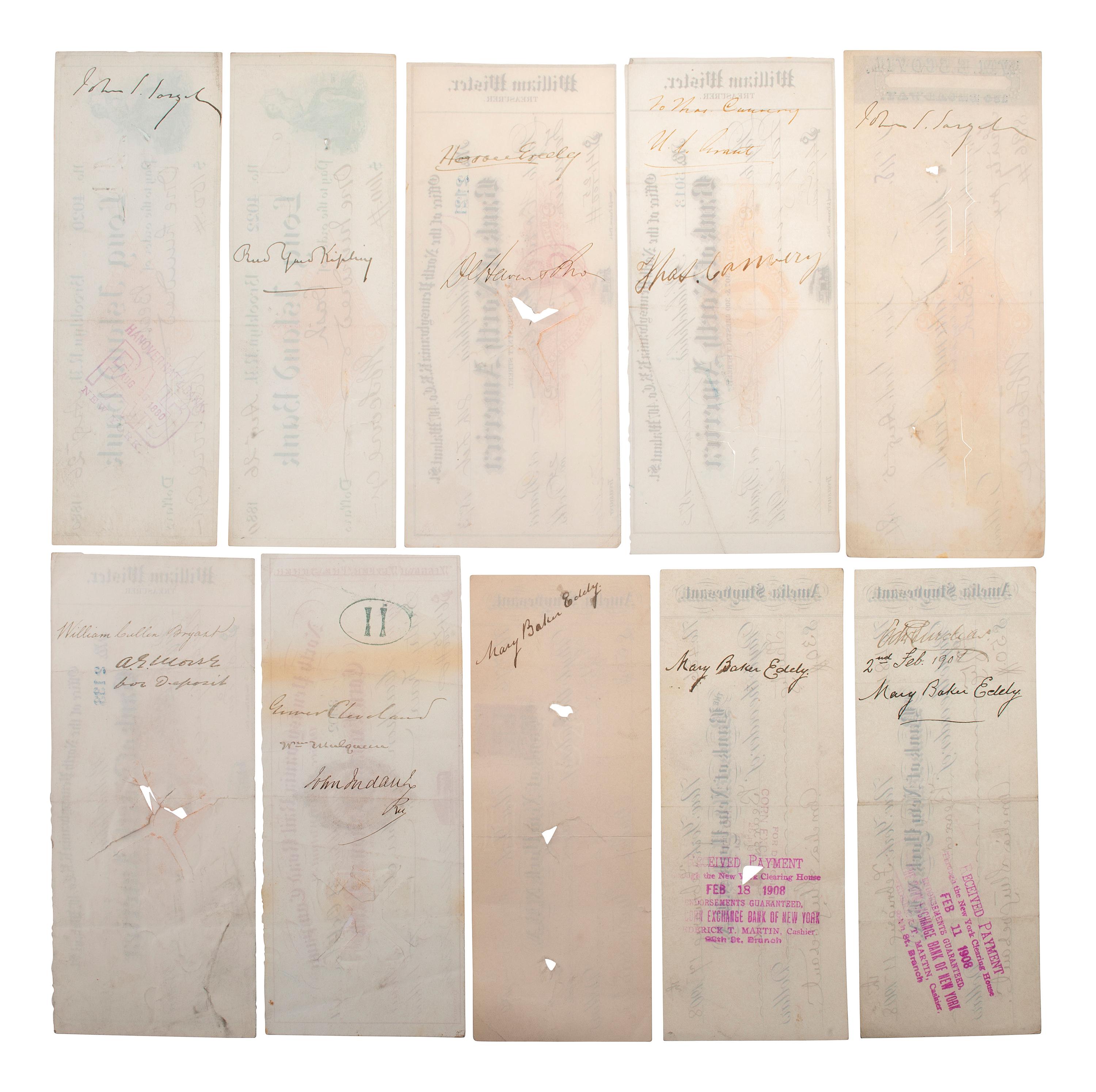 [AUTOGRAPHS]. Checks signed by artistic, literary, & political persons incl. KIPLING and GREELEY.