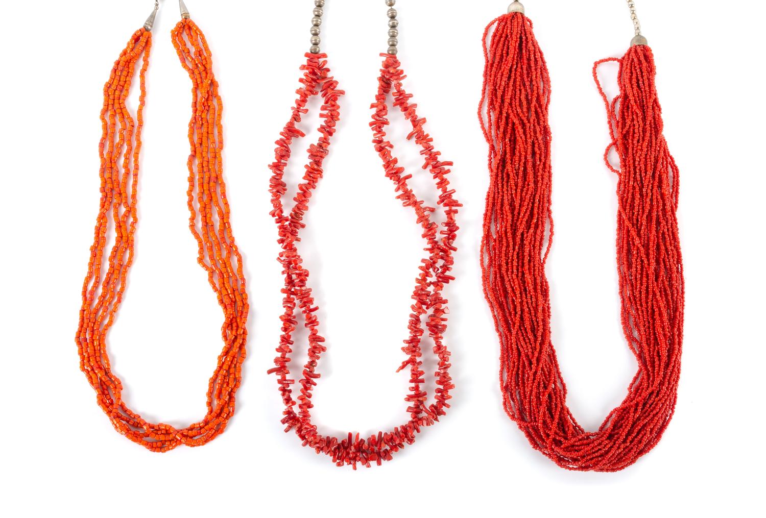 Three Southwestern Multi-Strand Coral Necklaces Length of largest 27 inches