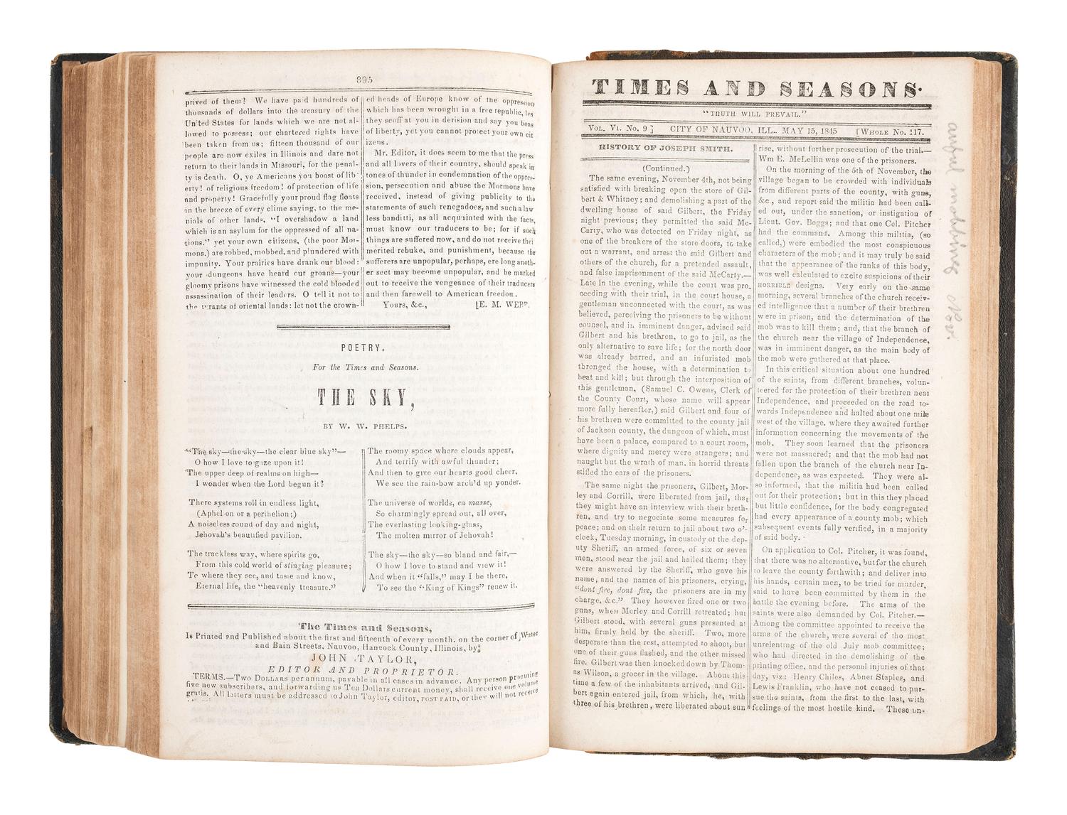 [MORMONISM]. The Times and Seasons, Containing a Compendium of Intelligence Pertaining to the Upbuilding of the Kingdom of God..... Vol. V & VI. Nauvoo, IL: John Taylor, 1844-1846.
