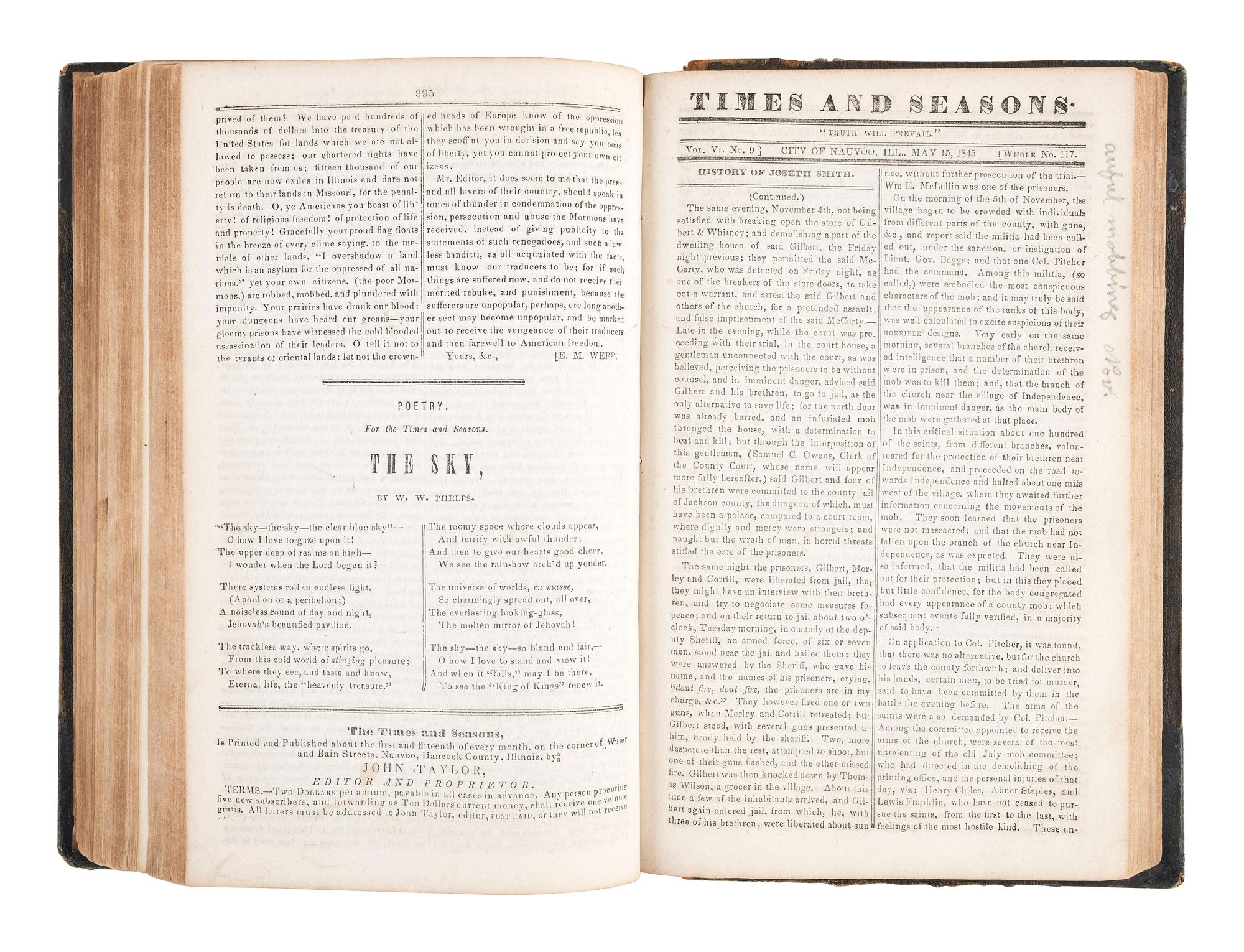 [MORMONISM]. The Times and Seasons, Containing a Compendium of Intelligence Pertaining to the Upbuilding of the Kingdom of God..... Vol. V & VI. Nauvoo, IL: John Taylor, 1844-1846.