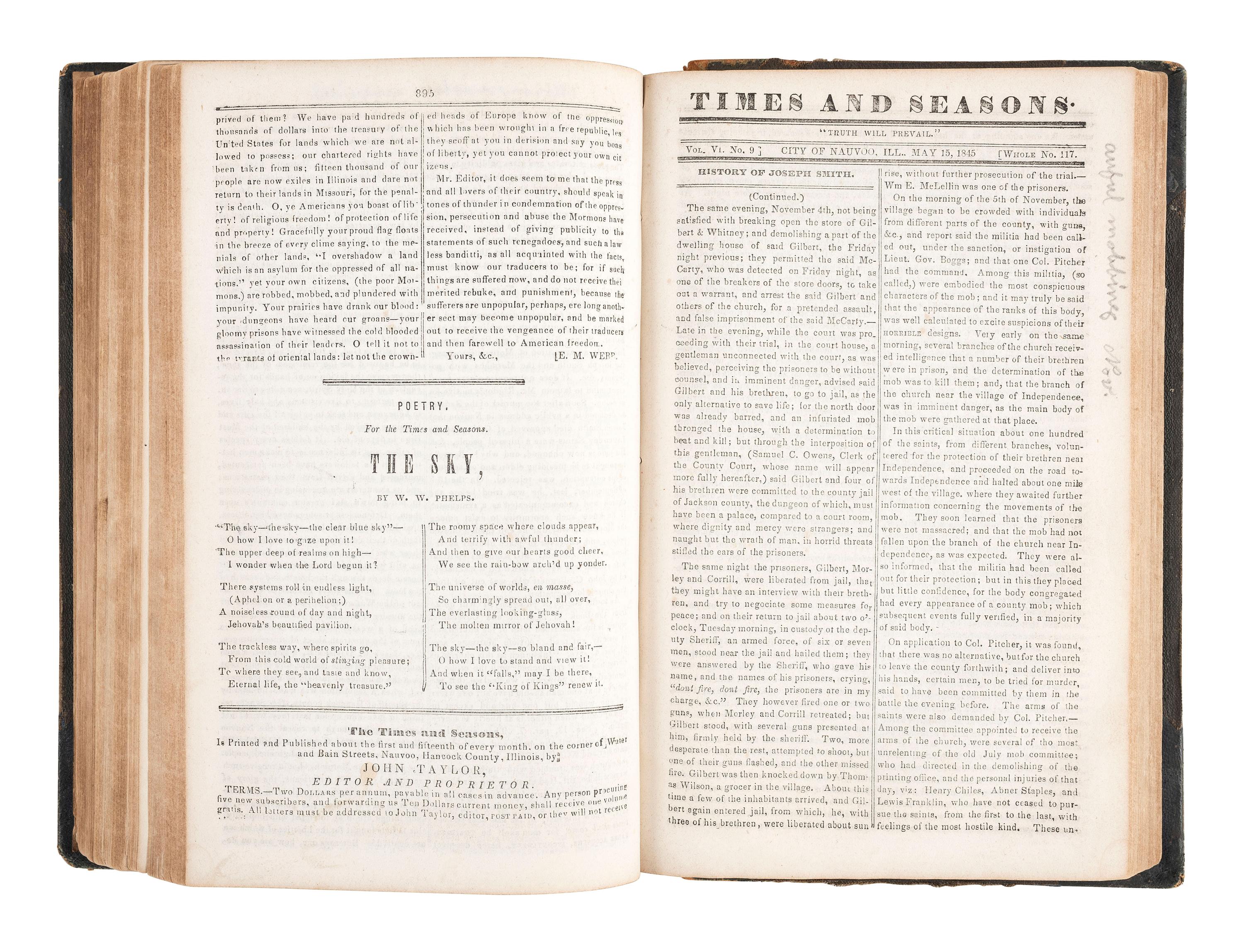[MORMONISM]. The Times and Seasons, Containing a Compendium of Intelligence Pertaining to the Upbuilding of the Kingdom of God..... Vol. V & VI. Nauvoo, IL: John Taylor, 1844-1846.
