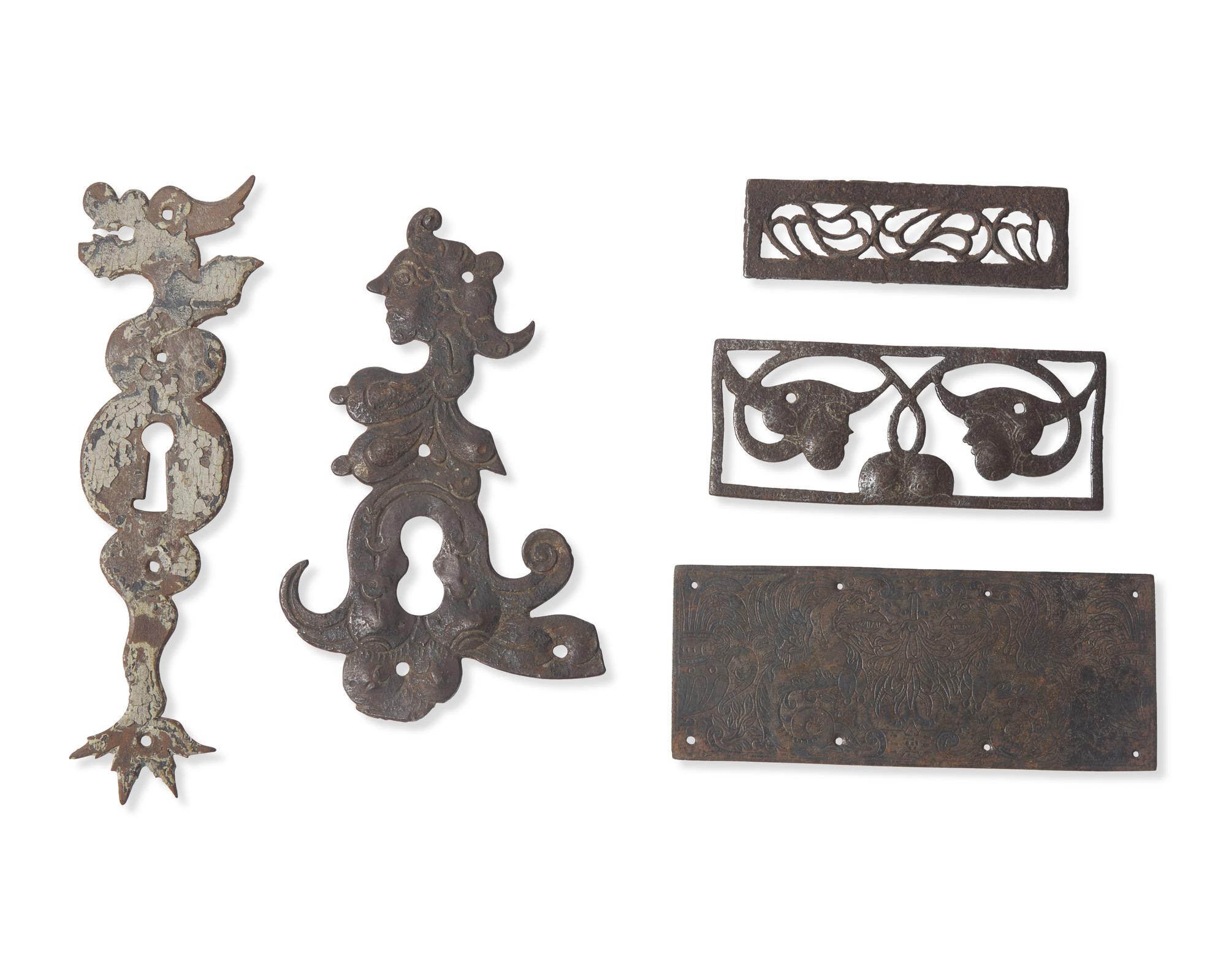 A Group of Five Baroque Wrought Iron Furniture Mounts, French, Swedish, or German, 16th - 18th Century