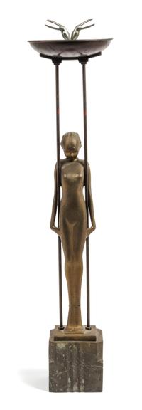 Frankart, NEW YORK, NY, c.1931, an Art Deco various metals smoker's stand, model no. T349, cast as a nude maiden