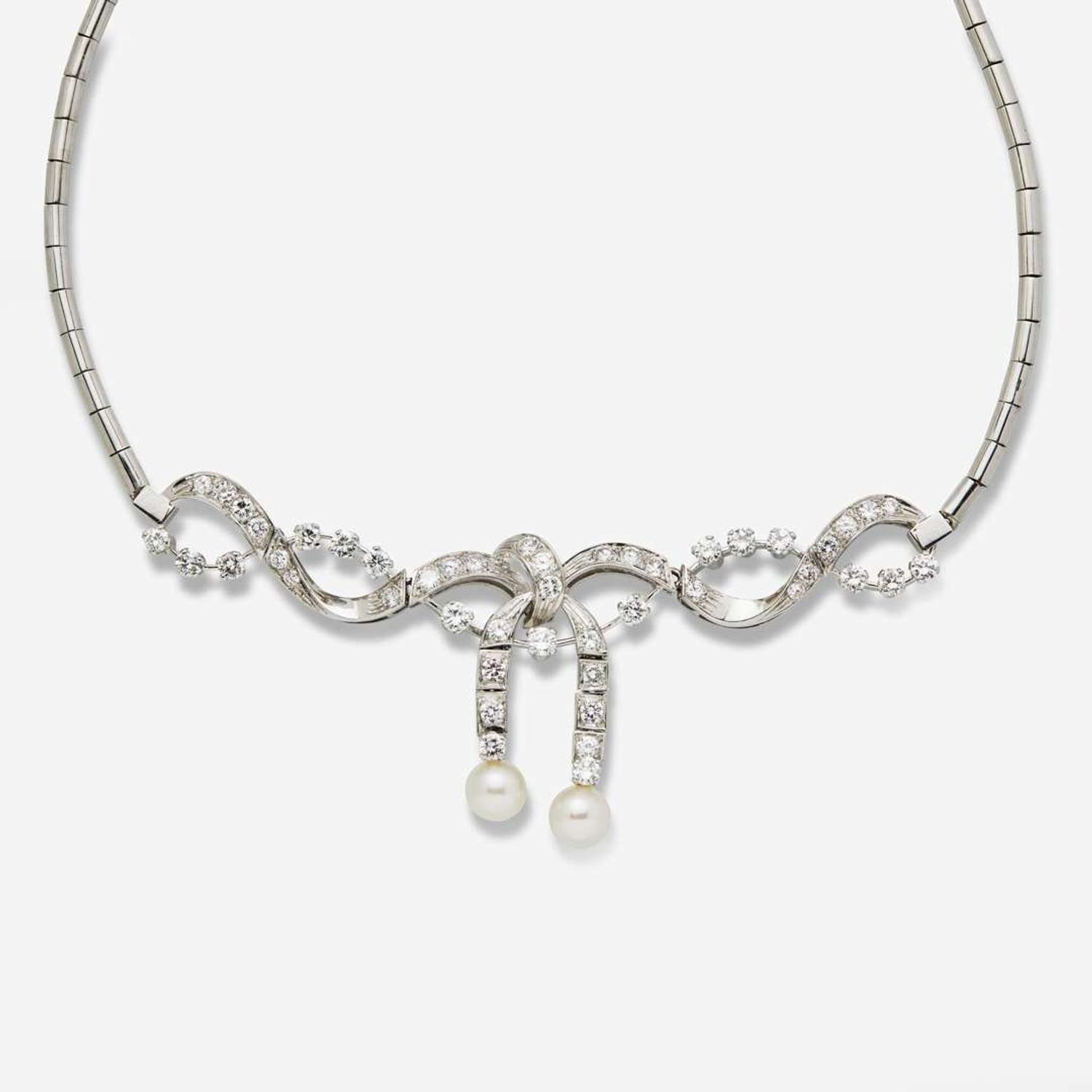 A 14K White Gold, Diamond, and Pearl Necklace