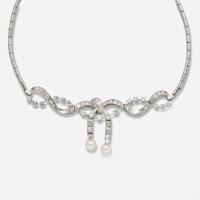 A 14K White Gold, Diamond, and Pearl Necklace