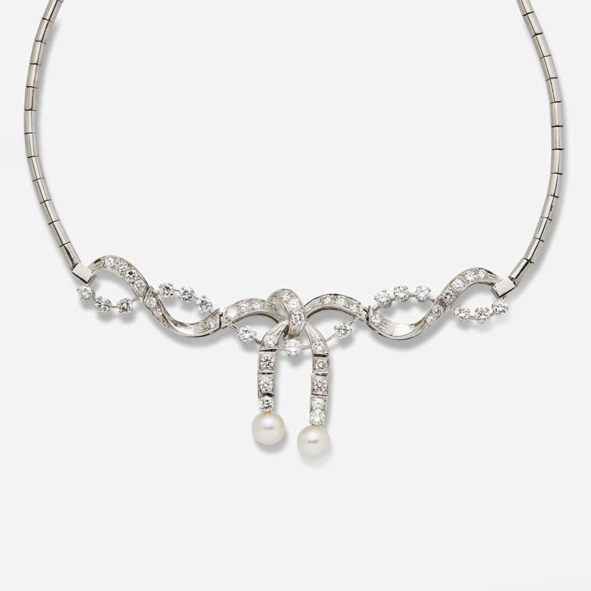 A 14K White Gold, Diamond, and Pearl Necklace