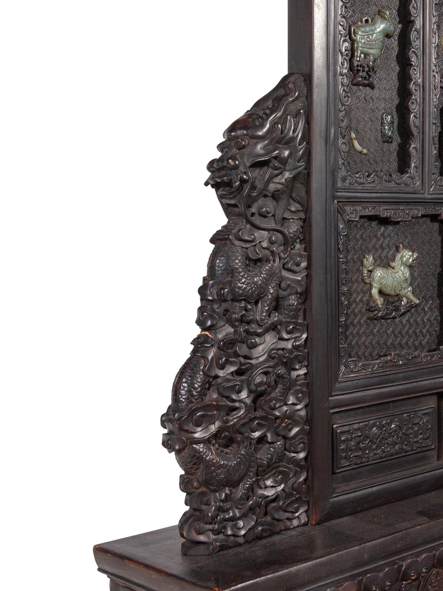 A Large Chinese Export Hardstone Inset Carved Hardwood Screen