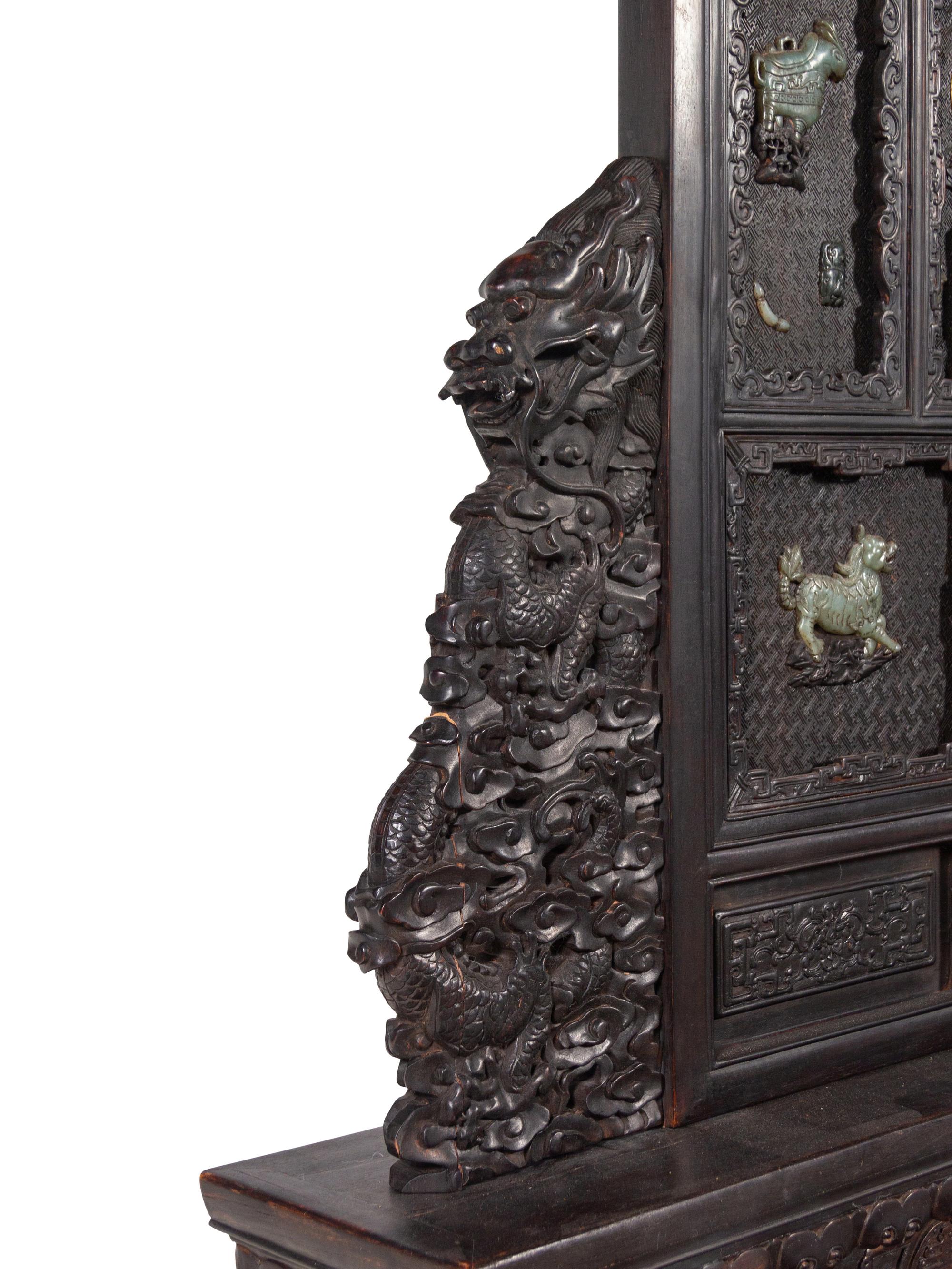 A Large Chinese Export Hardstone Inset Carved Hardwood Screen