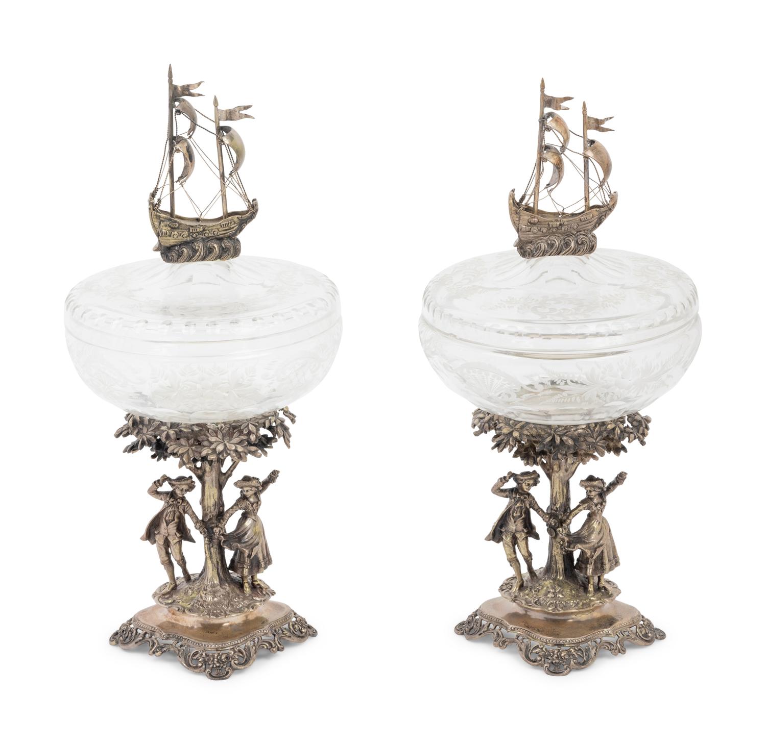 A Pair of Continental Silver Mounted Cut Glass Vessels