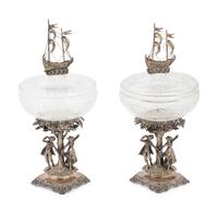 A Pair of Continental Silver Mounted Cut Glass Vessels