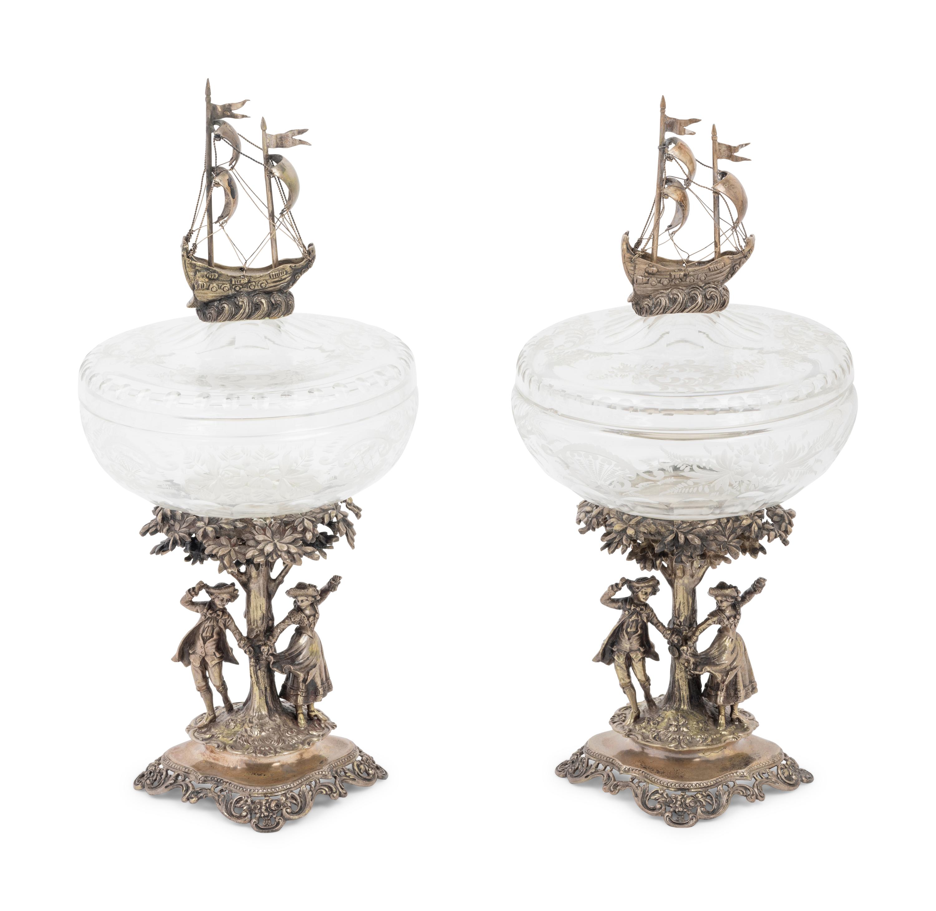 A Pair of Continental Silver Mounted Cut Glass Vessels