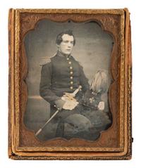 [EARLY PHOTOGRAPHY]. Quarter plate daguerreotype of a mounted rifleman with his sword and shako.