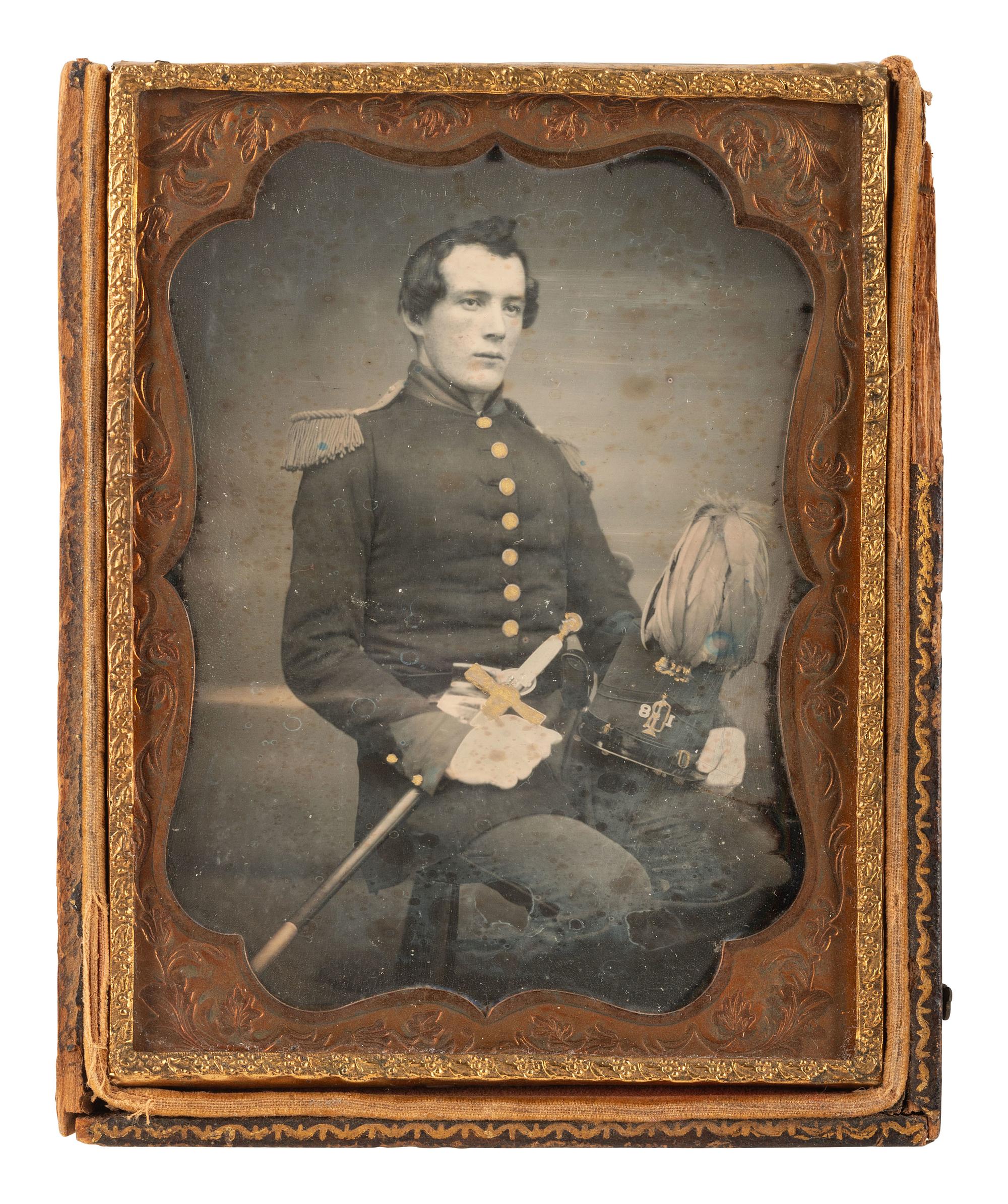 [EARLY PHOTOGRAPHY]. Quarter plate daguerreotype of a mounted rifleman with his sword and shako.