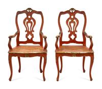 A Pair of Italian Rococo Style Bole-Painted and Parcel Gilt Armchairs