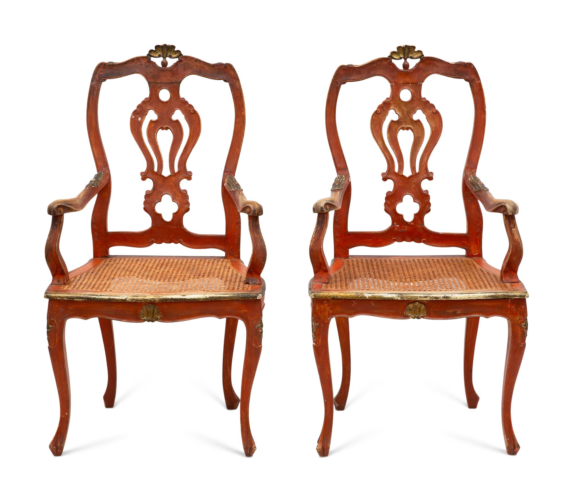 A Pair of Italian Rococo Style Bole-Painted and Parcel Gilt Armchairs