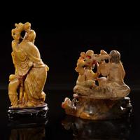 Two carved Chinese soapstone figures: Shoulao and attendant, and Liuhai and attendant 壽山石雕劉海壽老兩件 Late Qing to Republic period ?????
